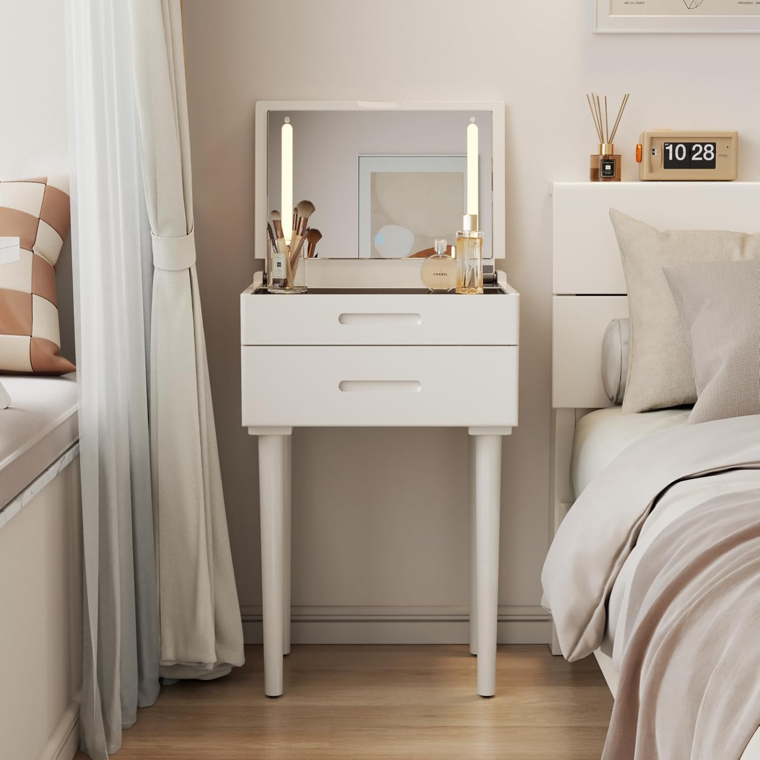 Solid Wood Small Vanity Desk with Mirror and Lights, 19.6", Natural - Image 2