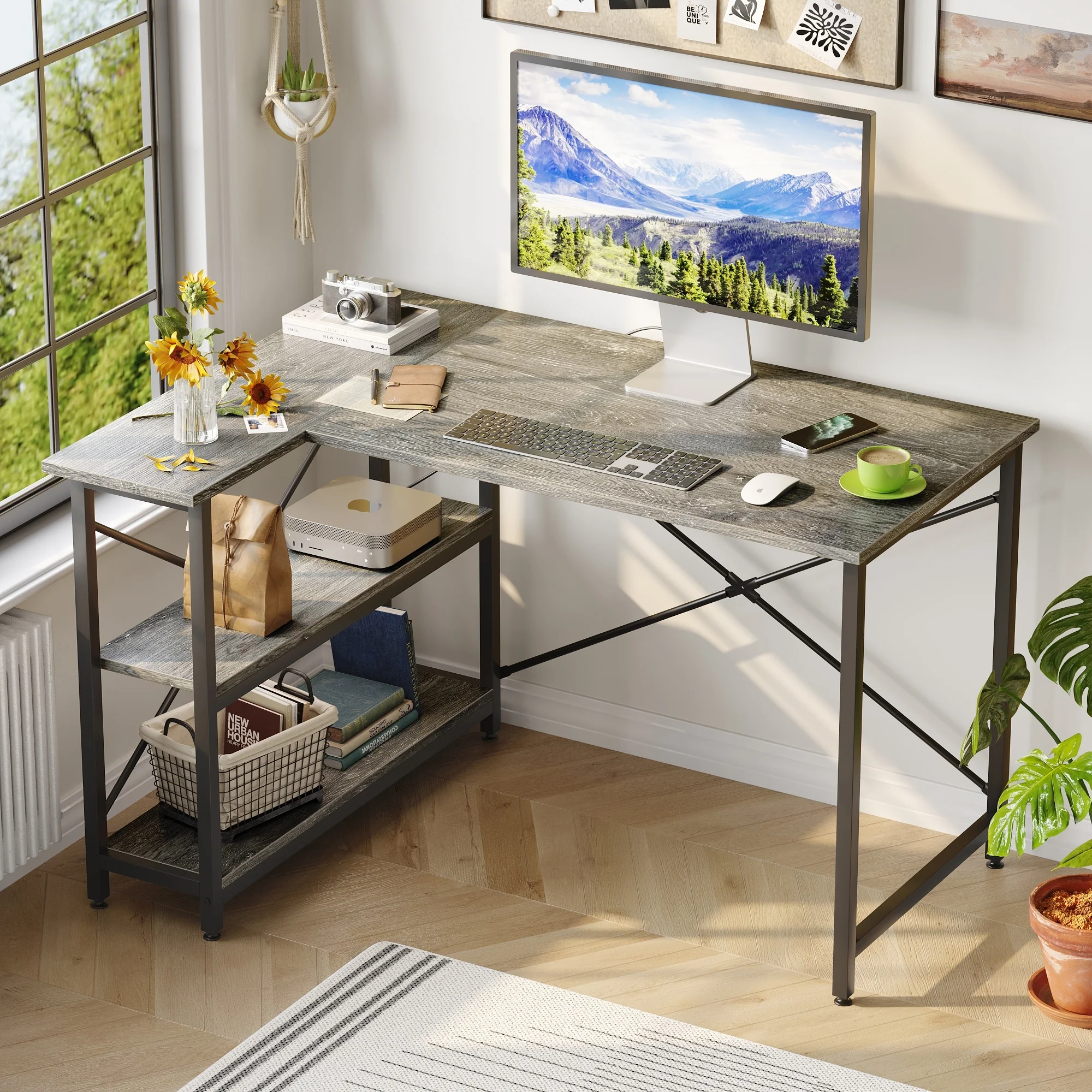Small L Shaped Computer Desk with Storage Shelves, Compact Corner Workstation for Home Office and Study - Image 97