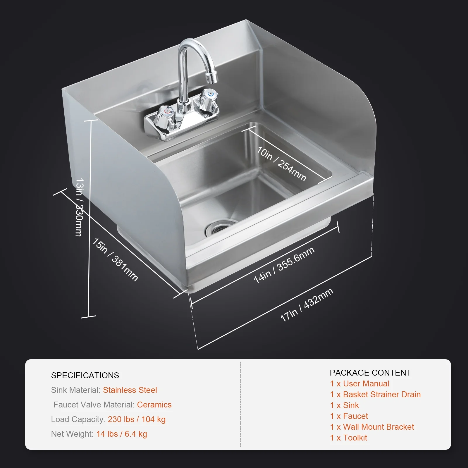 KFFKFF Industrial Hand Basin with Tap and Side Guard, Steel Basin for Cleaning, Compact Hand Cleaning Basin, Wall-Fitted Washbasin for Diner, Garage and Residence, 17x12.8 inch - Image 2