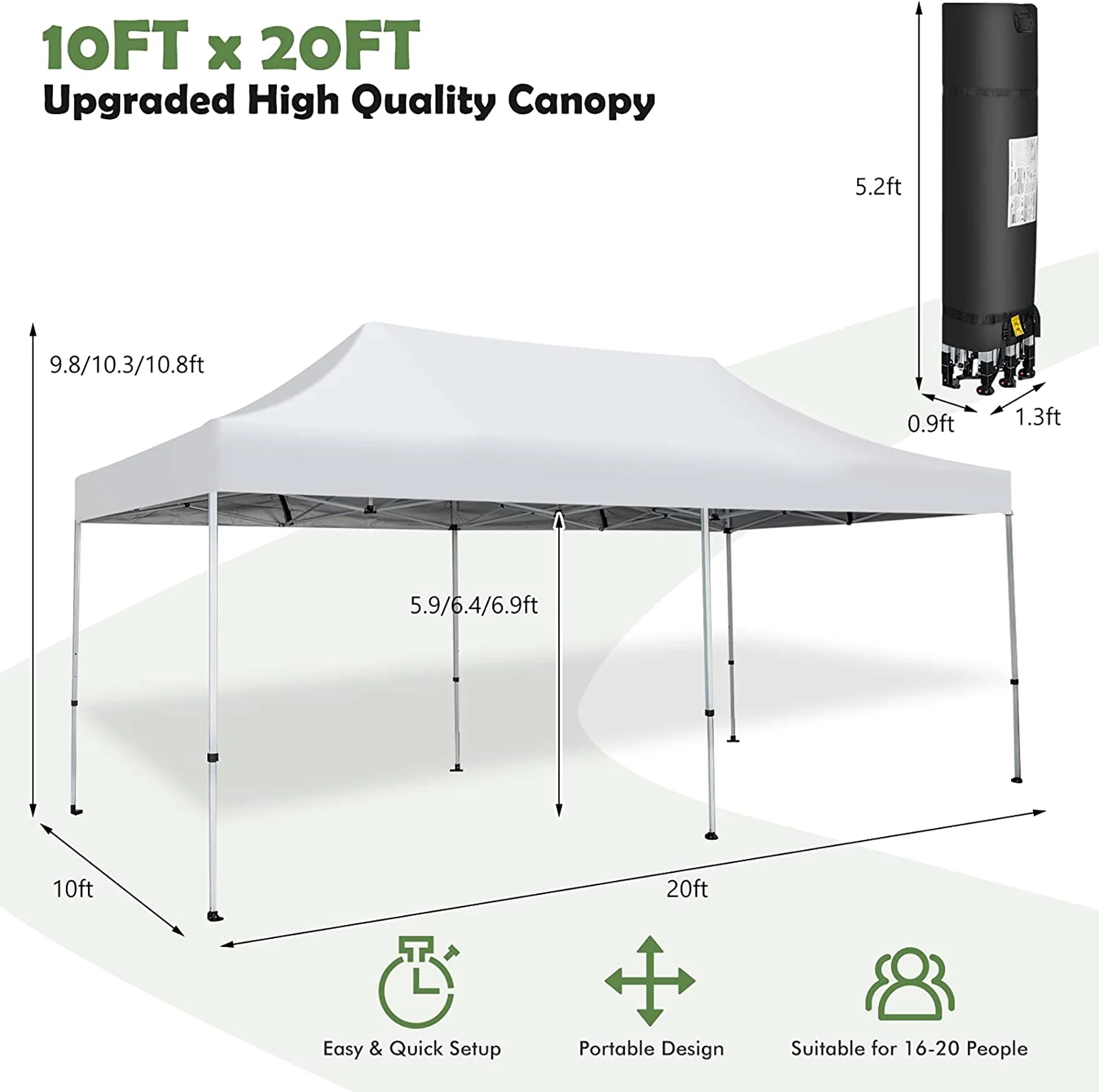 Gymax 10 x 20FT Patio Pop-Up Folding Canopy Tent UPF 50+ Instant Sun Shelter White - Image 3