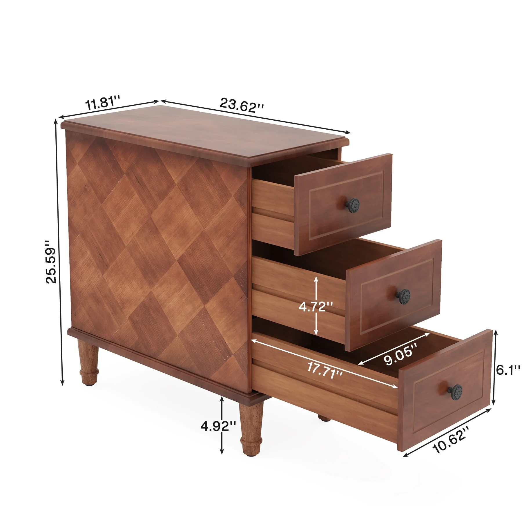 Fully Assembled Narrow End Table, Solid Wood Side Table with 3 Drawers, Vintage Nightstand for Small Spaces - Image 18