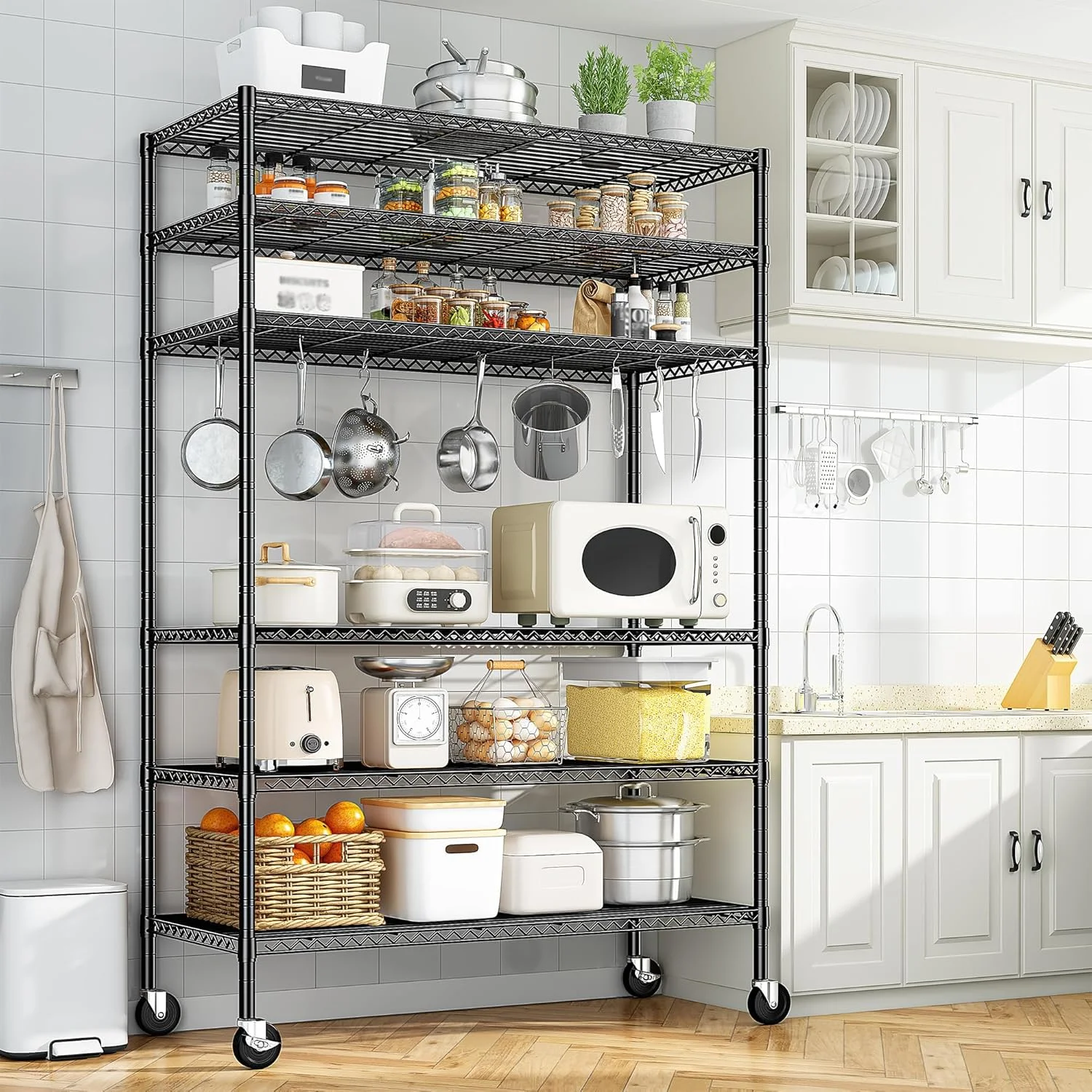 LR8 82" H X45 W X18 D Storage Shelves with Wheels, 6 Tier Wire Shelving Adjustable Metal Shelving Pantry Shelves Capacity 1600LBS for Garage Shelving, Pantry, Kitchen, Closet, Black - Image 2