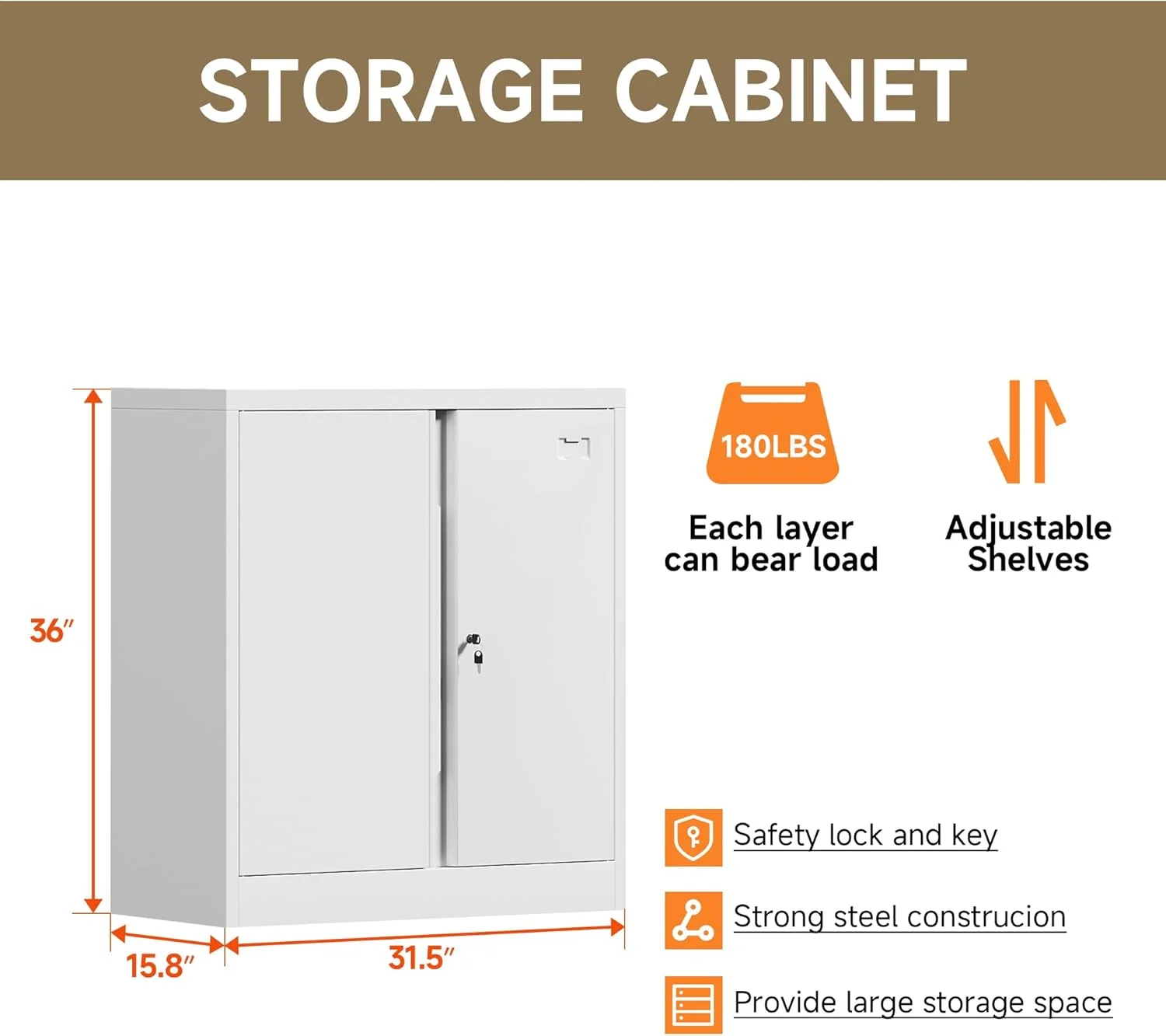 Metal Storage Cabinet, Garage Storage Cabinet with Doors and 2 Adjustable Shelves, 36" White Metal Cabinet, Locking Cabinet for Home,Garage,Office,School - Image 4