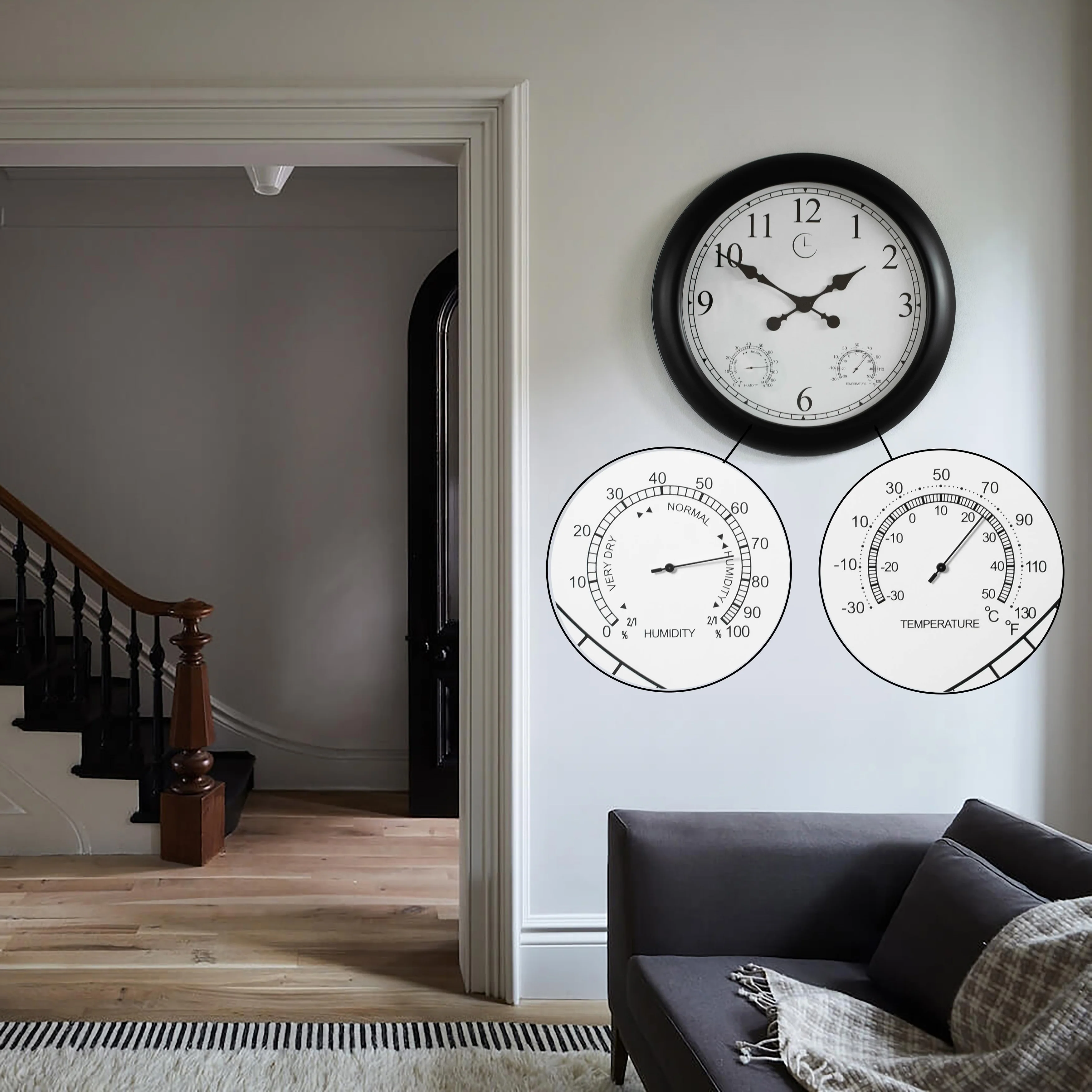 Large Outdoor Wall Clock with Thermometer, Waterproof Silent Garden Weather Station, Black - Image 9