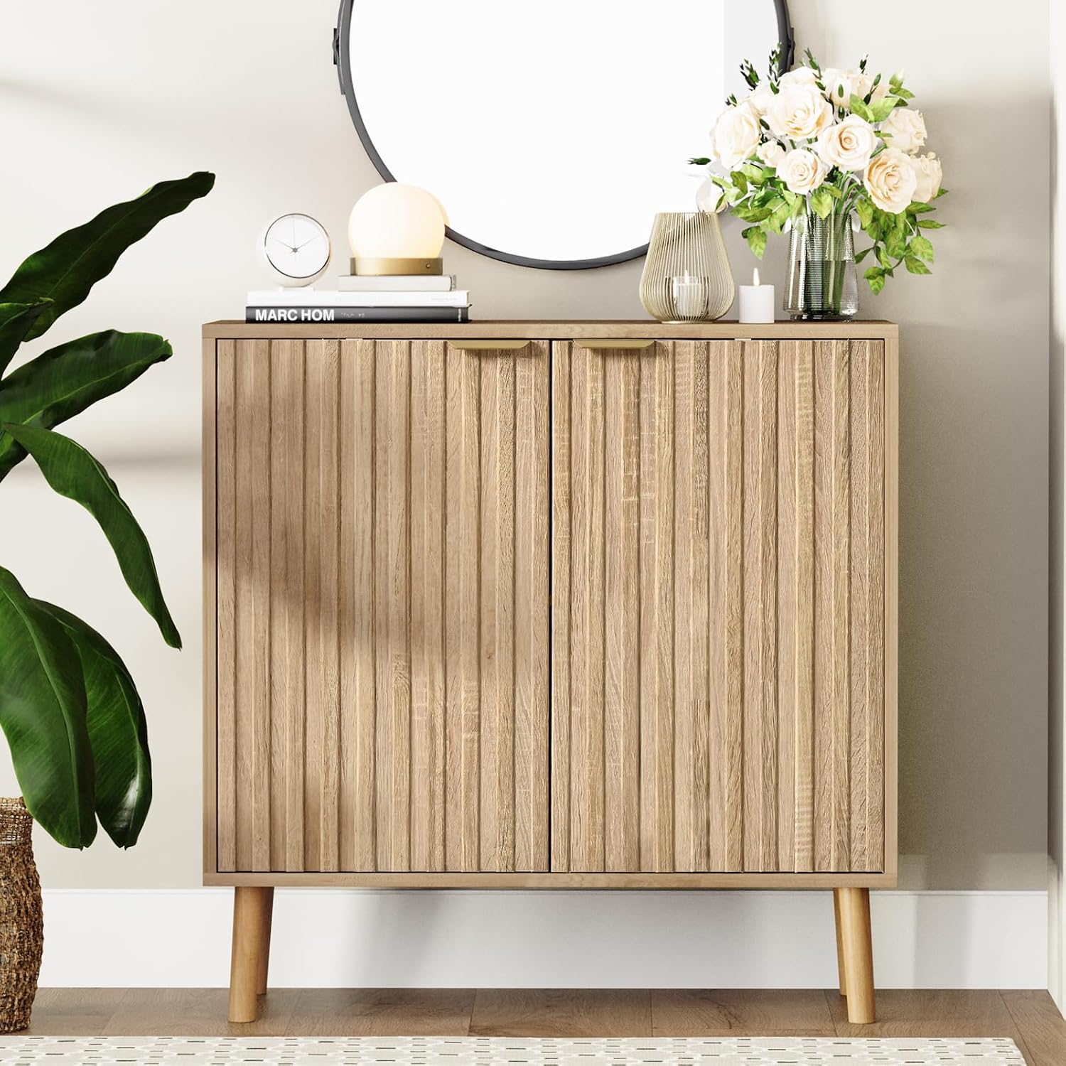 Fluted Storage Cabinet, Free Standing Buffet, Wood Sideboard, Multifunctional Accent Storage for Living Room, Hallway, Entryway, Dining Room (1, Oak) - Image 4