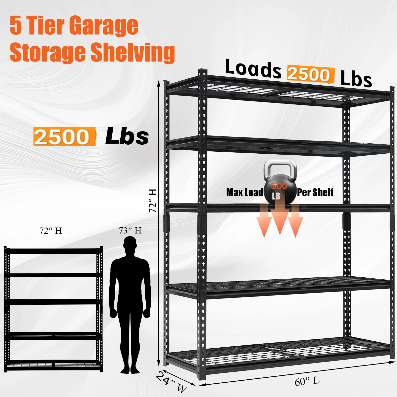 60" W Garage Shelving Units Heavy Duty,5-Tier Adjustable Storage Shelves 2500 LBS Metal Storage Utility Racks 24" D x 72" H - Image 3