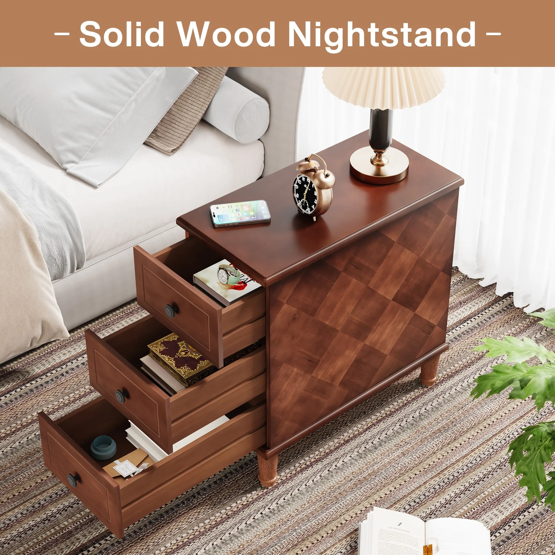 Fully Assembled Narrow End Table, Solid Wood Side Table with 3 Drawers, Vintage Nightstand for Small Spaces - Image 16