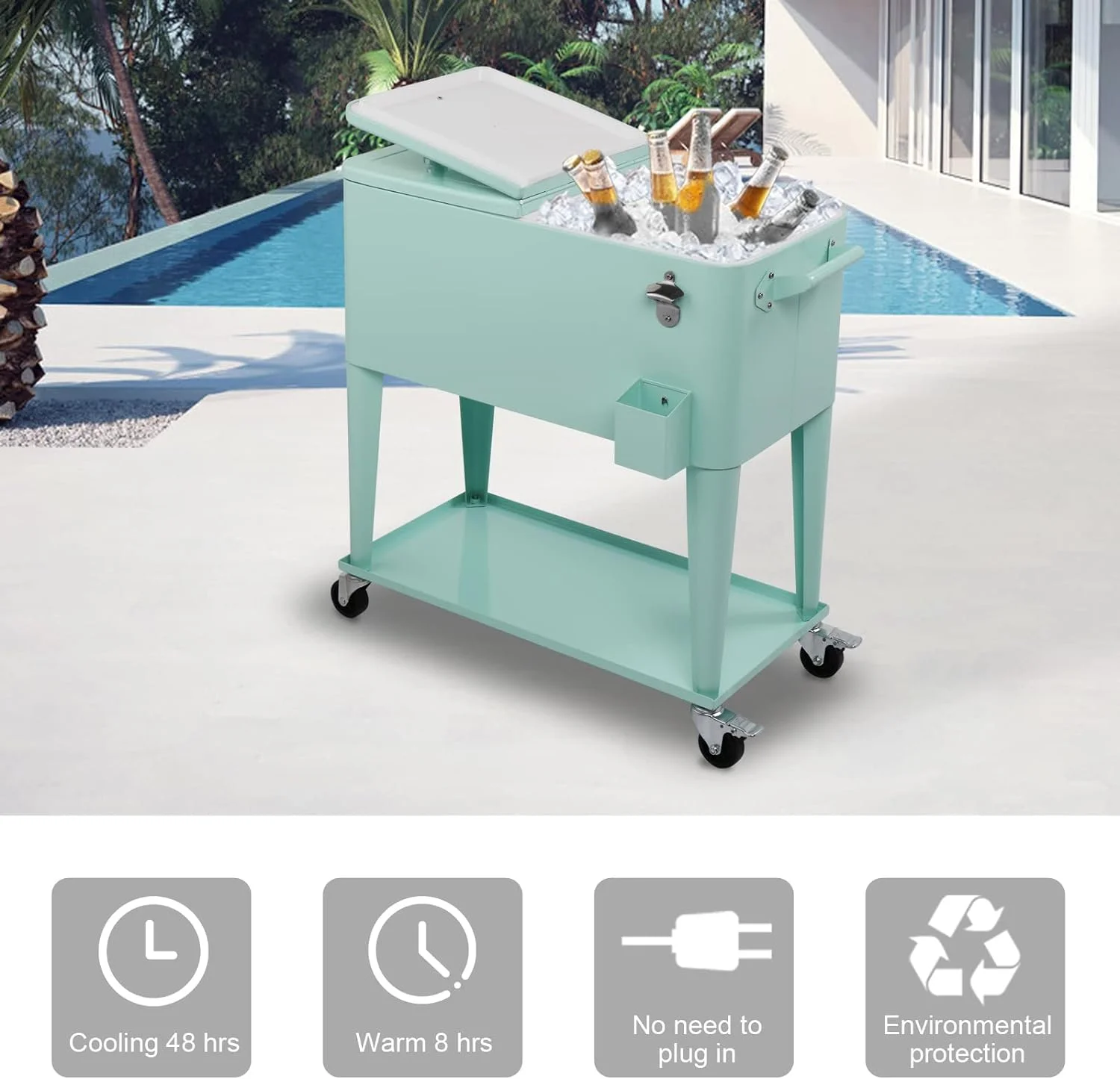 80 Quart Rolling Ice Chest, Portable Bar Drink Cooler with Catch Basin, Bottom Storage Tray and Bottle Opener for Patio Party BBQ Beach Activities - Image 15