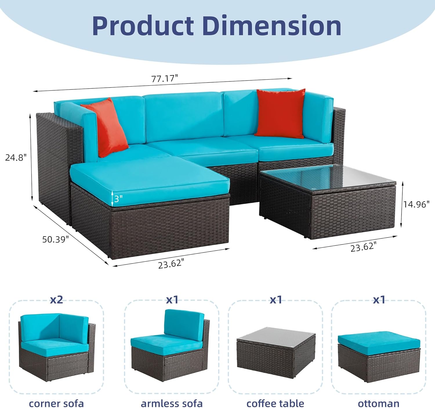 5-Piece All-Weather Patio Furniture Set with Ottoman, Outdoor Wicker Conversation Sofa Set with Cushions for Garden, Deck & Backyard - Image 15