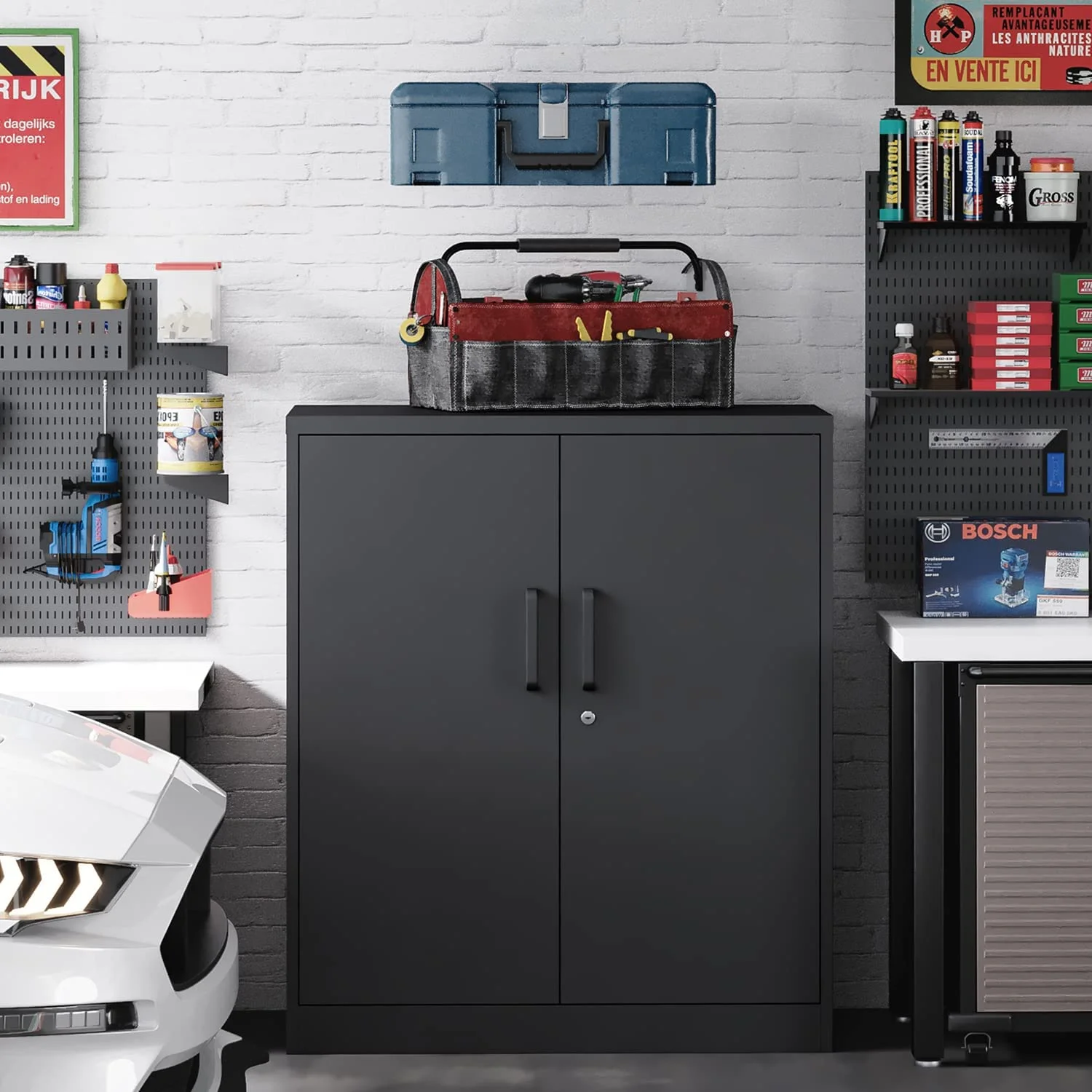 Metal Garage Storage Cabinet with 2 Doors and 2 Adjustable Shelves - 35.5" Steel Lockable File Locking Counter Cabinet for Home Office,Gym,School-Black- - Image 5