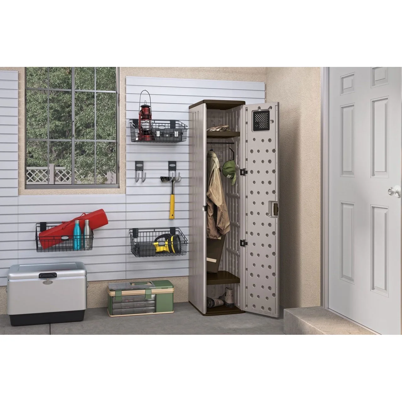 Suncast 72" Resin Outdoor Storage Cabinet with 3 Shelves, Platinum Metallic - Image 2