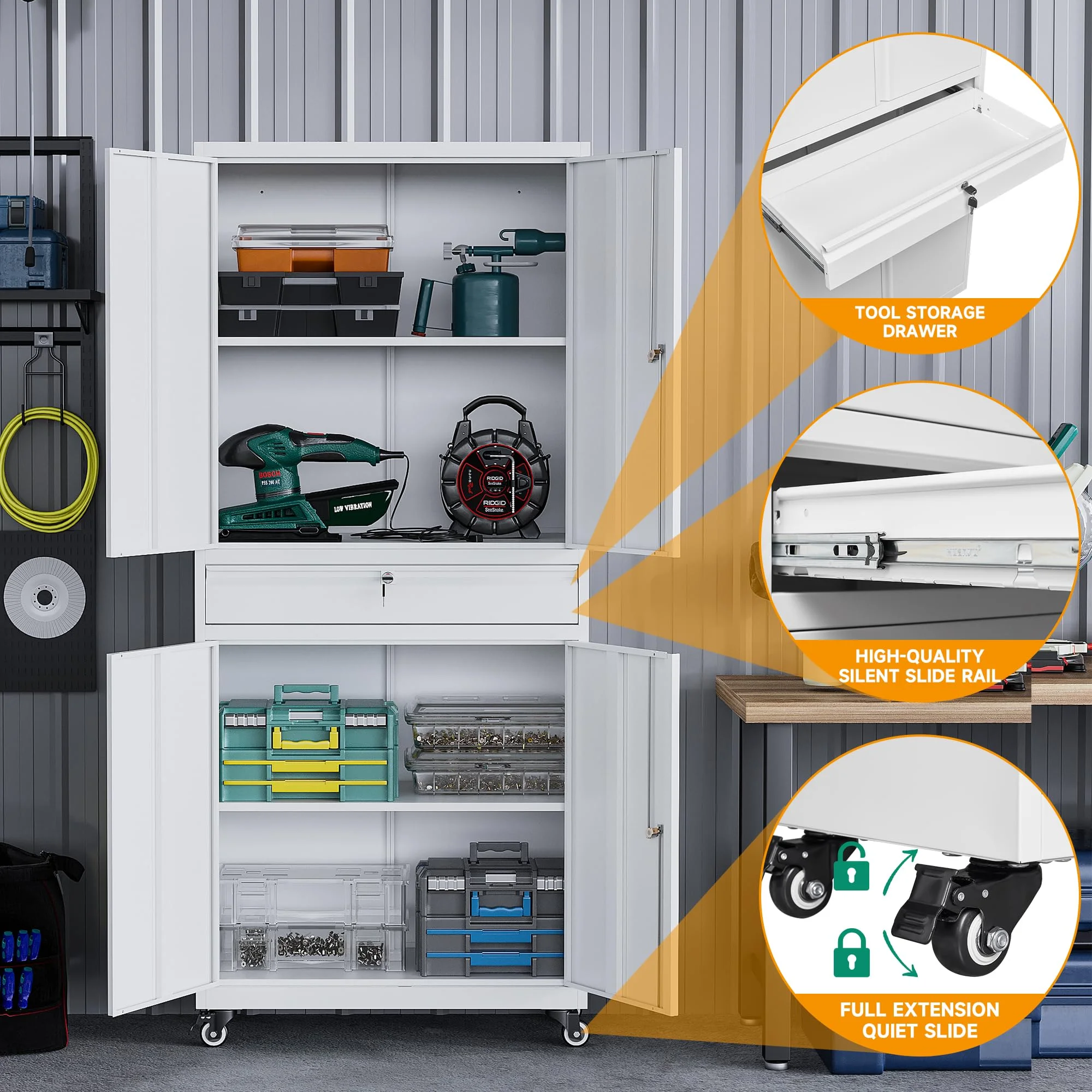 STANI Metal Garage Storage Cabinets with Drawer, 4 Doors Tool Storage Cabinet with 2 Adjustable Shelves, 73"H Rolling Steel Locking Cabinet for Garage Utility Room Home Office (Black, 4 Wheel) - Image 17
