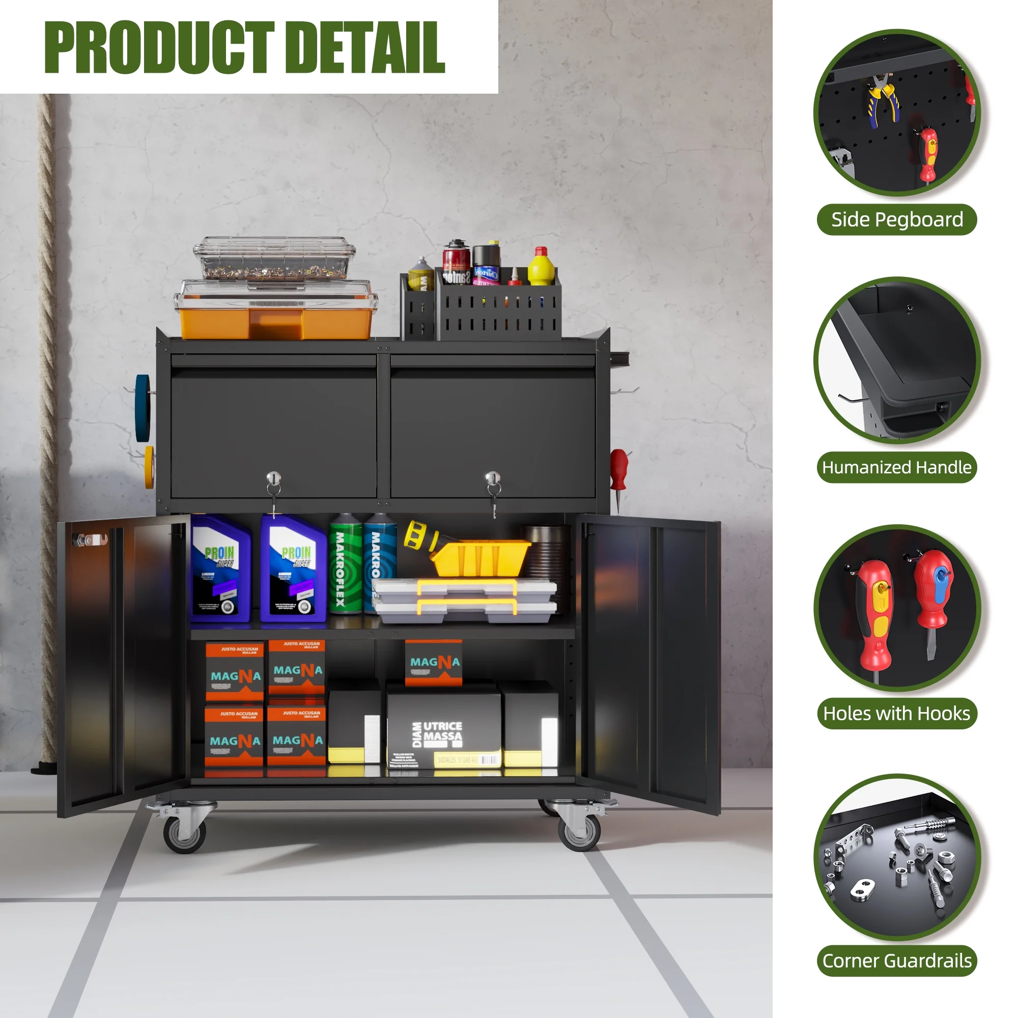 Gaeanet Rolling Tool Storage Cabinet with 5 Adjustable Shelves and Pegboard,Metal Garage Storage Cabinet with Wheels for Garage Home Office Utility Room,71" H-32" W-16" D,Required Assembly, Black - Image 49