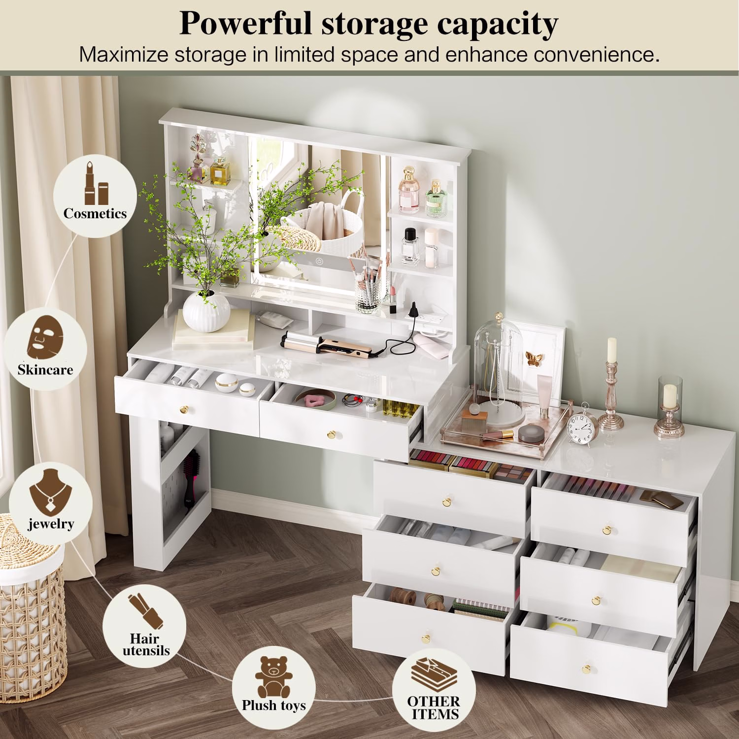 Makeup Vanity Desk with Mirror and Lights, Vanity Desk with 8 Drawers & Storage Shelves, Vanity Table with Power Outlet, 3 Color Modes & Adjustable Brightness Dressing Table, Bedroom, White - Image 3