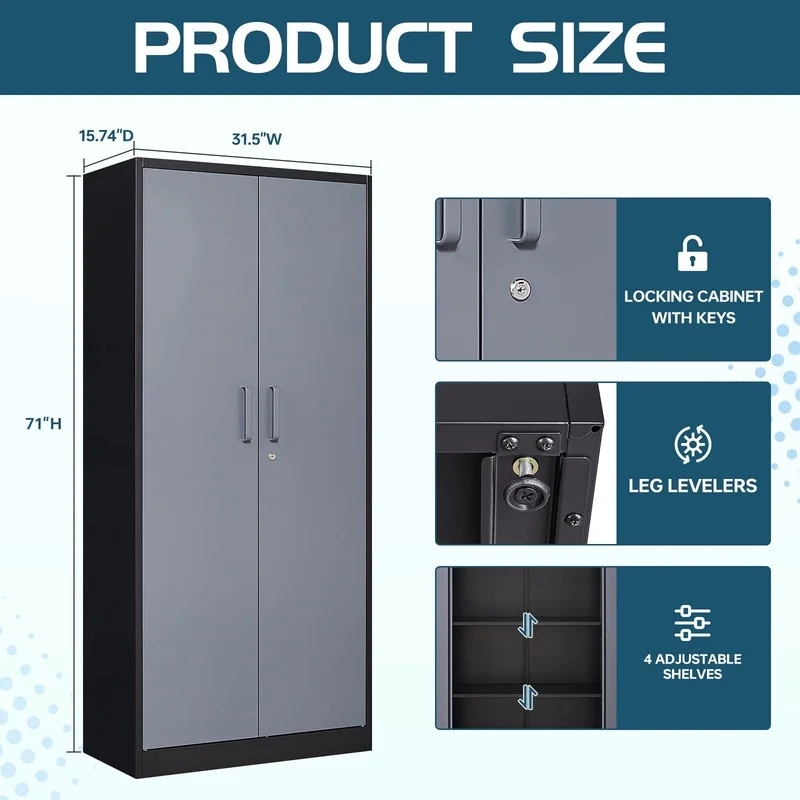 MIIIKO 71" Metal Storage Locker Metal Garage Locker Cabinets with Locking Door and 4 Adjustable Shelves, Steel Classic Storage Cabinet for Home, School, Office, Garage - Image 25