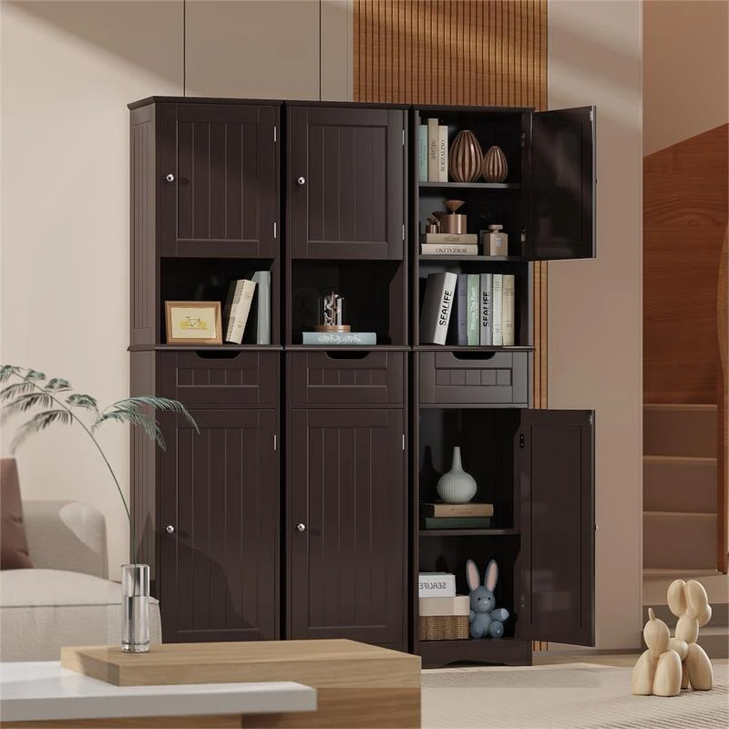 67 Inch Tall Narrow Bathroom Linen Cabinet, 5-Tier Solid Wood Freestanding Storage Cabinet - Image 5
