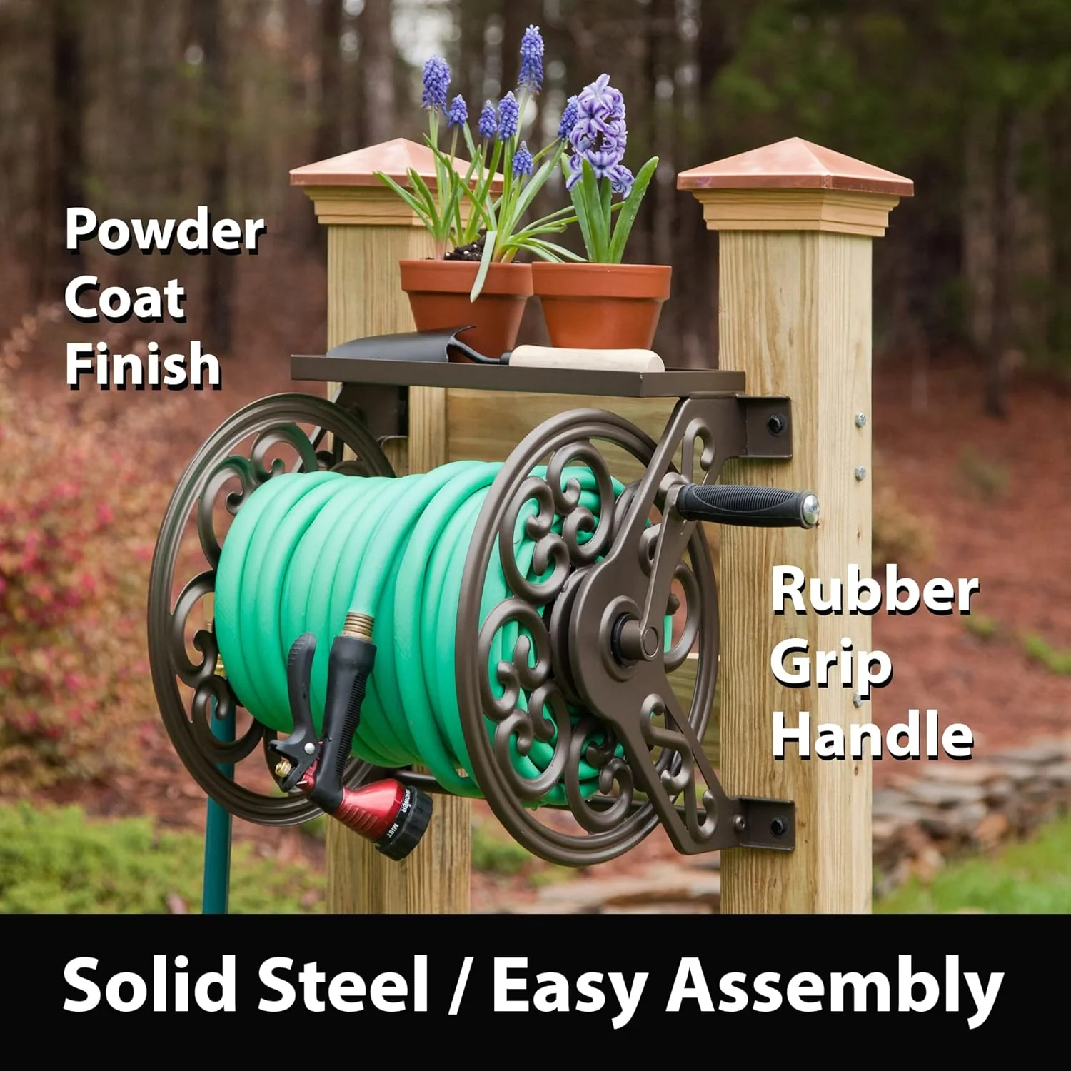 Steel Decorative Wall Mount Garden Hose Reel, Outdoor Garden Hose Storage Holder for Patio and Yard - Image 3