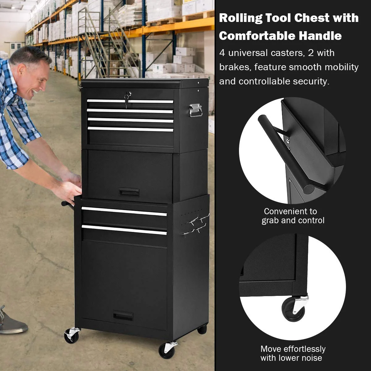 NIGSQJB 3-In-1 Tool Chest on Wheels with 6 Drawers, 52"H Tool Storage Cabinet with Auto Locking System,Detachable Top,Tool Box Organizer for Garage,Workshop,Repair Shop,DIY, Red - Image 18