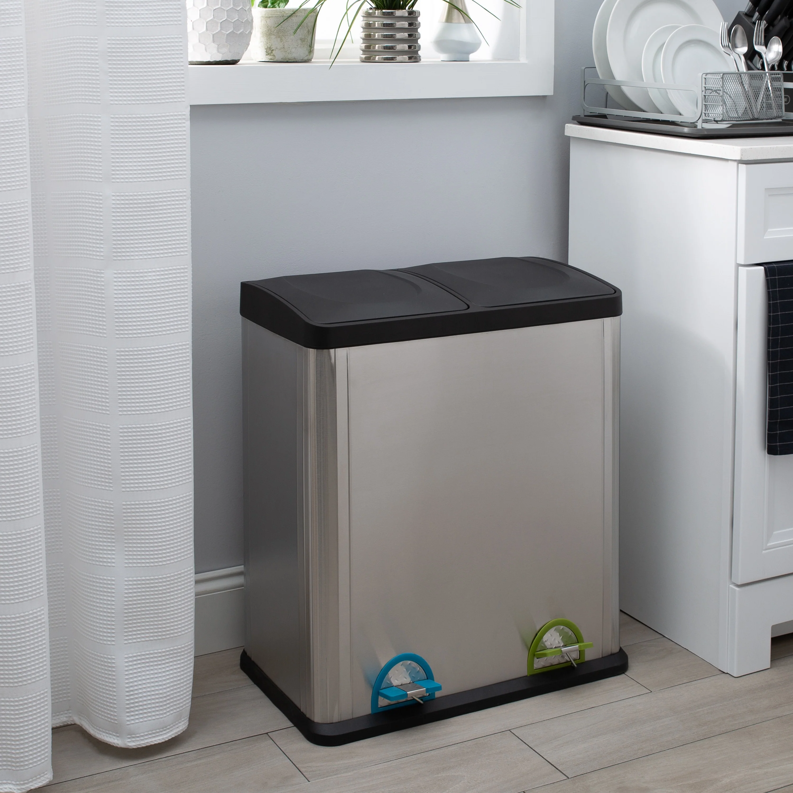 60L 2 Compartment Stainless Steel Recycling Bin, Dual Section Trash Sorter Container for Kitchen, Home & Office - Image 3