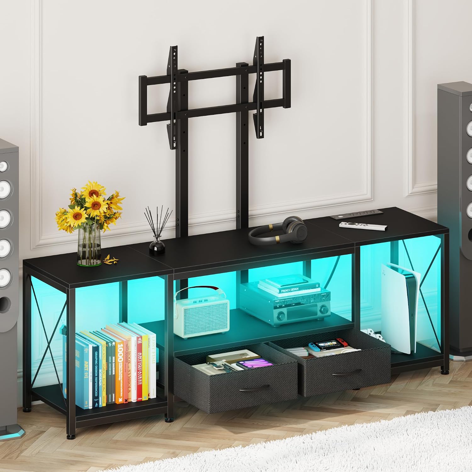 LED TV Stand with Mount and Power Outlet & Fabric Drawers for 32-85 Inches TV - Entertainment Center and Corner TV Stand for Living Room, Bedroom - 47" Rustic Brown (Max VESA 600mm × 400mm)
