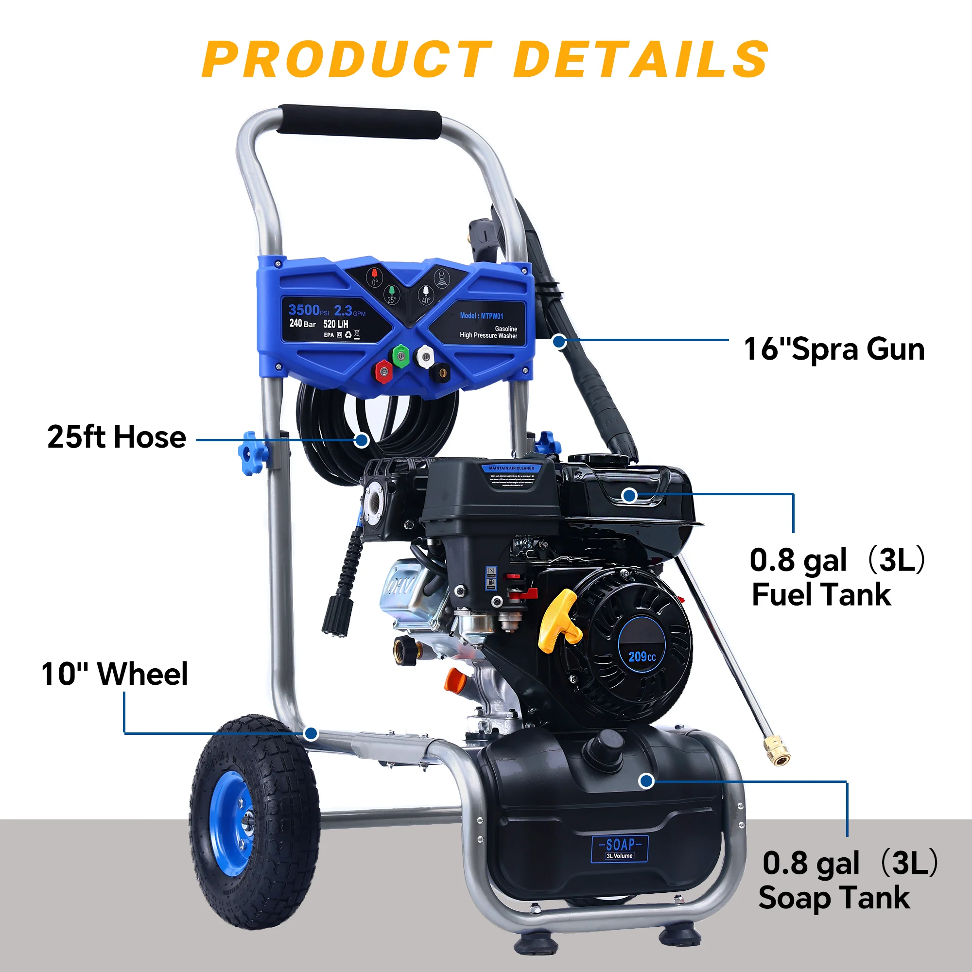 Efurden Gas Pressure Washer, 3500 PSI and 2.3Max GPM Power Washer with 4 Quick Connect Nozzles, 25 Ft Hose for Cleaning Floors, Cars, Patios - Image 5