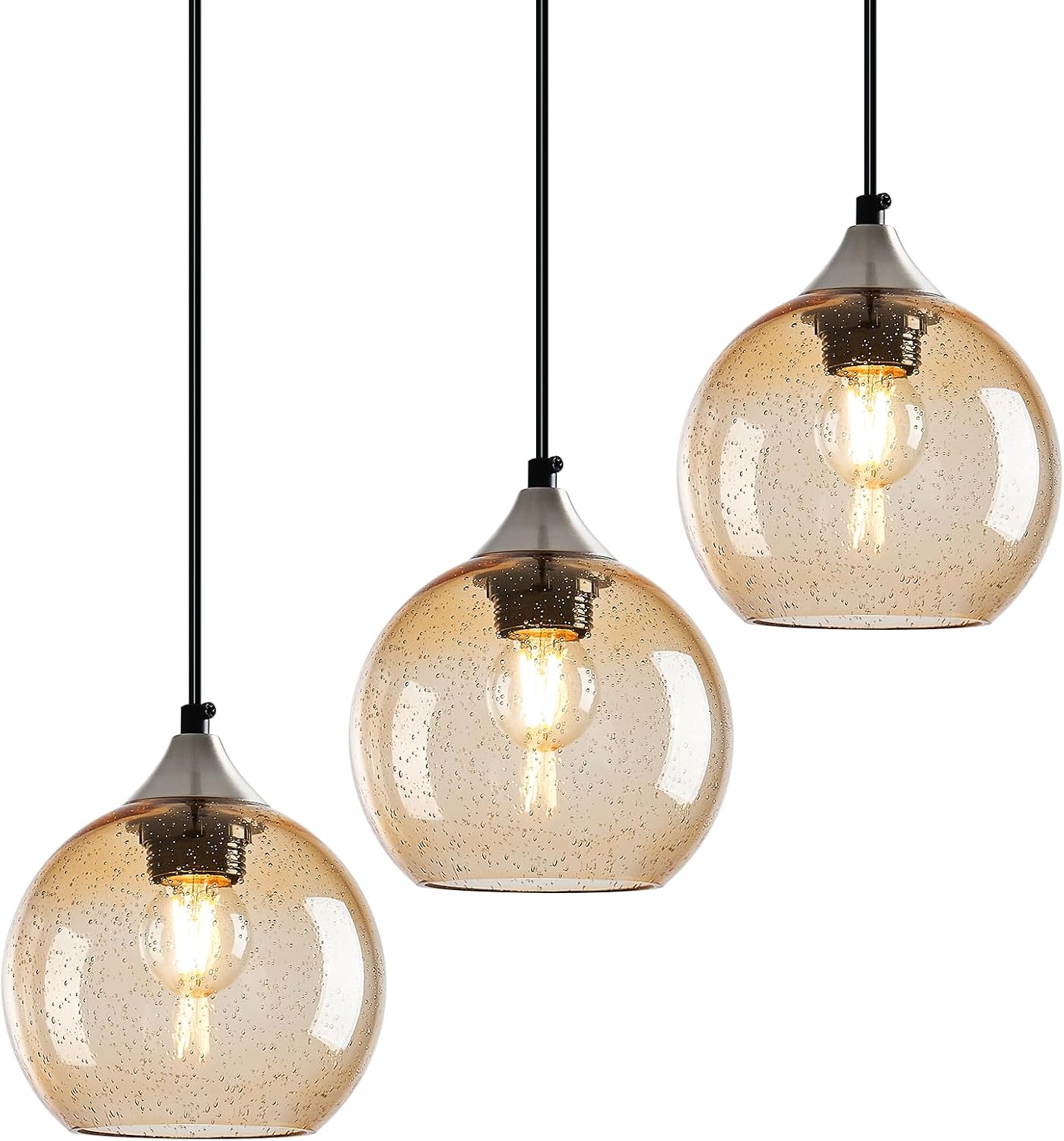 Amber Pendant Lights Kitchen Island 3 Pack, 5.9 in Seeded Glass Globe - Image 65