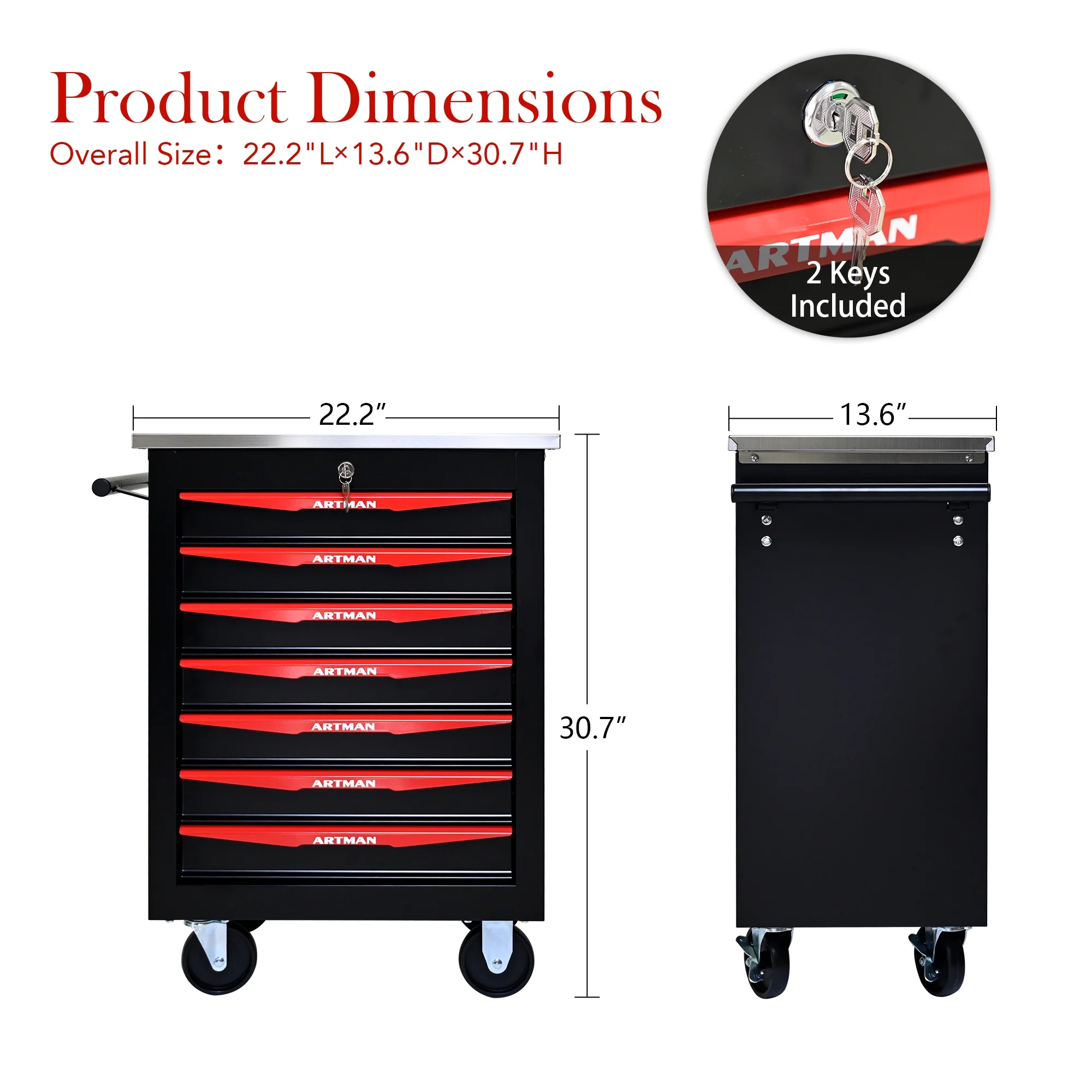 ARTMAN 6 Drawers Metal Rolling Storage Tool Chest Cabinet Cart with Wheels,with Key Locking and Parking Brake, Tool Box for Garage Workshop Warehouse - Image 59