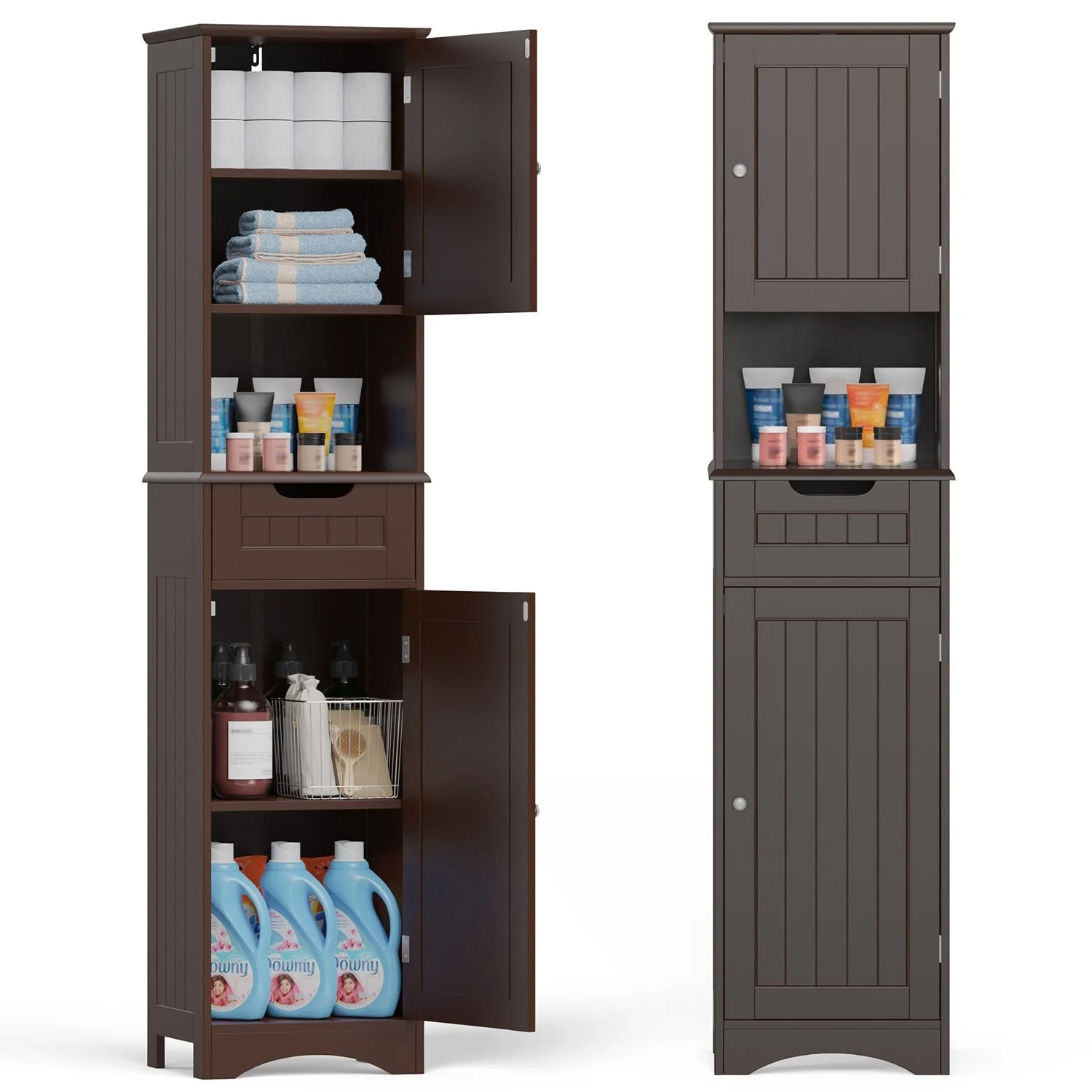 67 Inch Tall Narrow Bathroom Linen Cabinet, 5-Tier Solid Wood Freestanding Storage Cabinet - Image 3