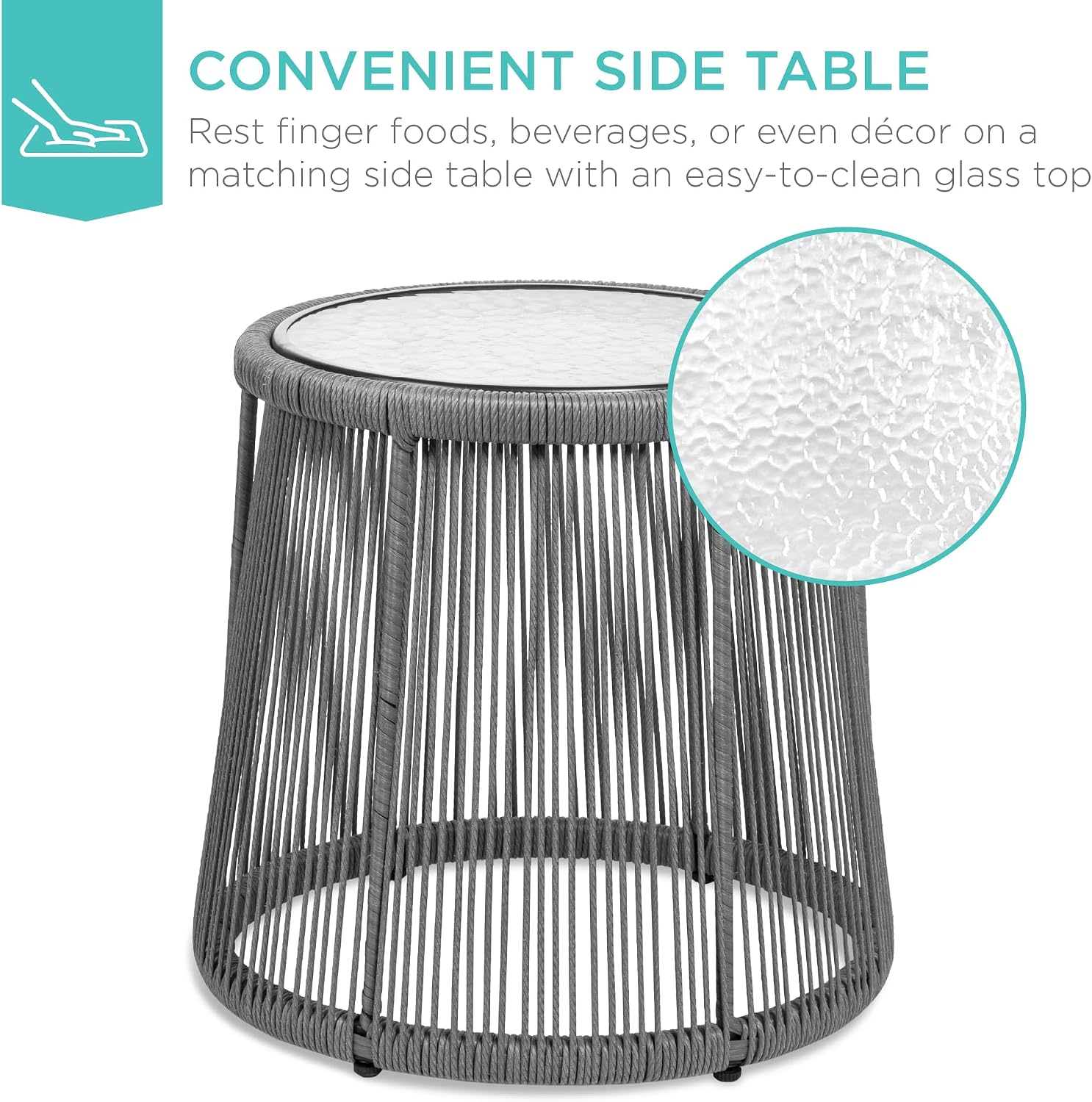 3-Piece Patio Conversation Bistro Set, Outdoor All-Weather Wicker Furniture for Porch, Backyard w/ 2 Wide Ergonomic Chairs, Cushions, Glass Top Side Table - Gray/Navy - Image 4