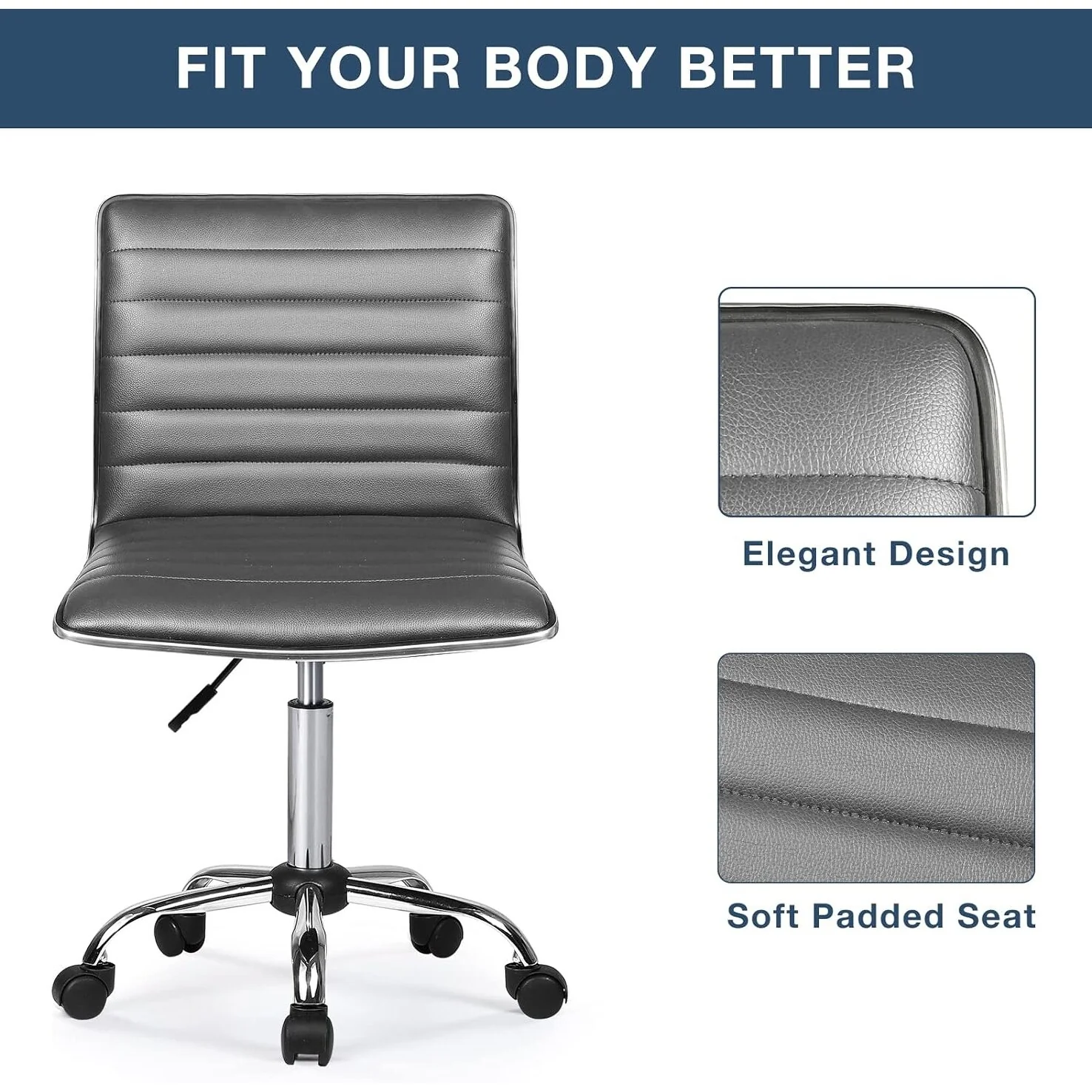 Adjustable Mid-Back Armless Swivel Office Chair, Ribbed Task and Vanity Chair for Small Spaces - Image 7