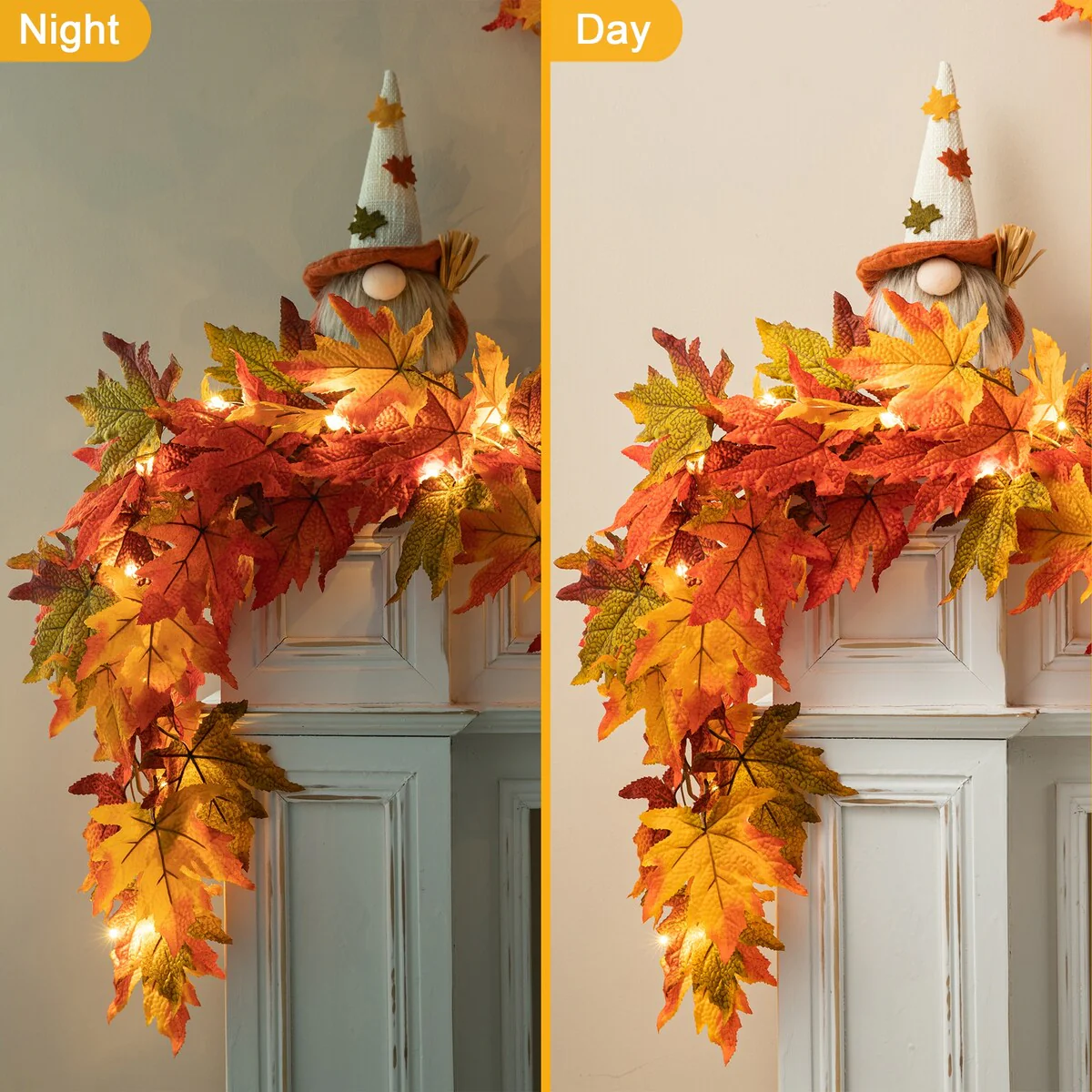 Thanksgiving LED Lighted Fall Maple Leaf Wreath and Garland - Autumn Home Decor - Image 13