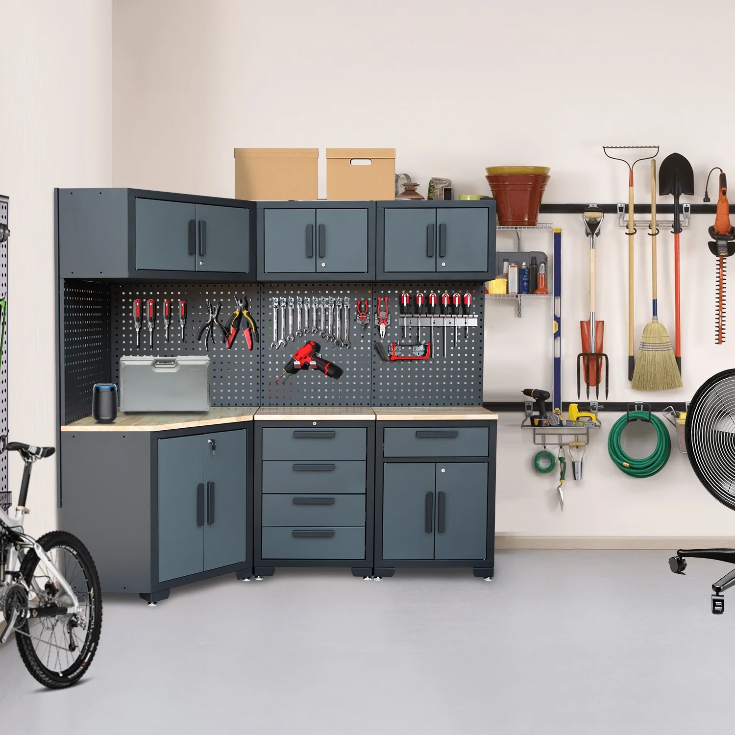 HPDMC Garage Storage Cabinet System 7-Pcs Workshop Set Metal Garage Cabinets System with Steel Cabinet Drawers, Workbench, Pegboard for Garage Tool Organization - Image 17