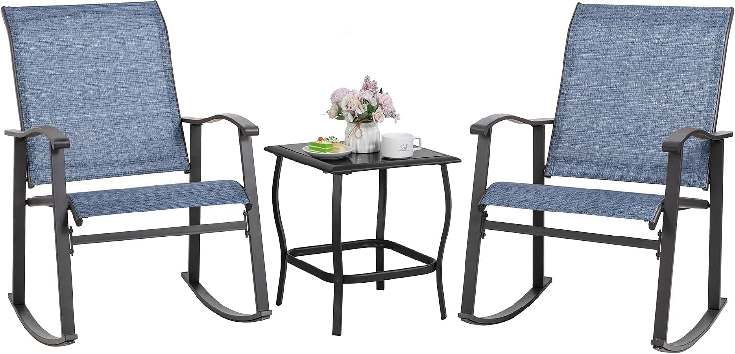 3 Piece Rocking Bistro Set, Outdoor Furniture with Rocker Chairs and Glass Coffee Table Set of 3, Balcony, Porch Furniture for Small Space, Blue - Image 5