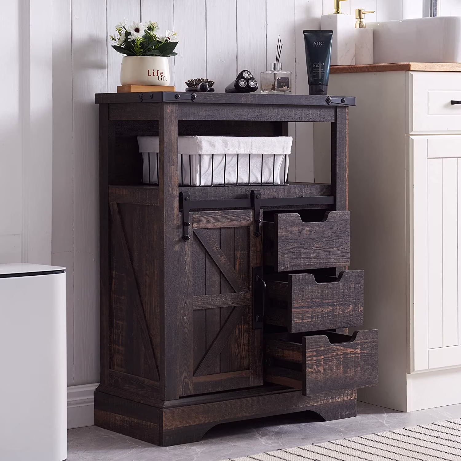 OKD Farmhouse Bathroom Storage Cabinet with 3 Drawers and Adjustable Shelves Wooden Rustic Accent Entryway Cupboard, Antique White - Image 7