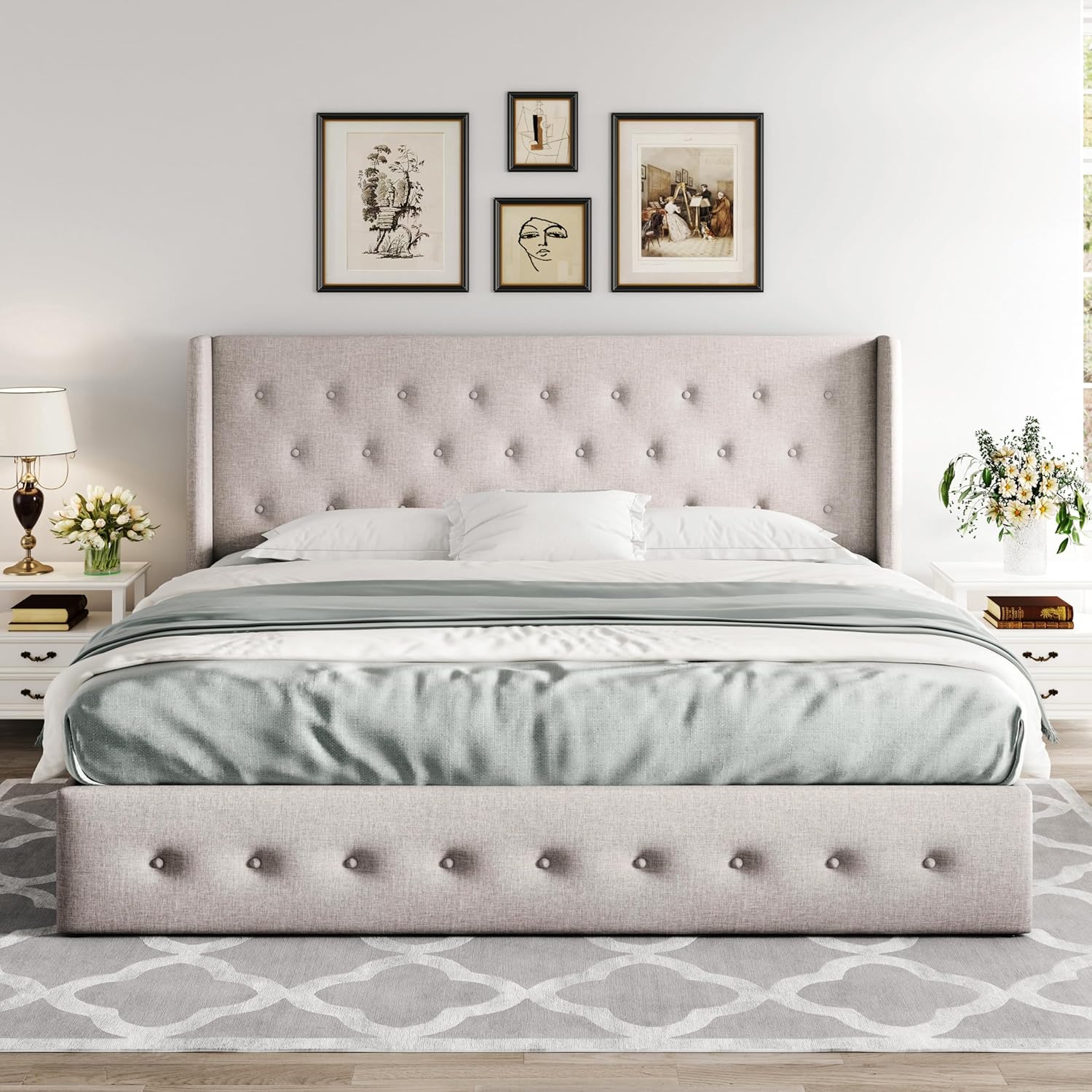 Queen Size Lift Up Storage Bed with Wingback Headboard, Upholstered Platform Bed Frame with Hidden Storage - Image 137