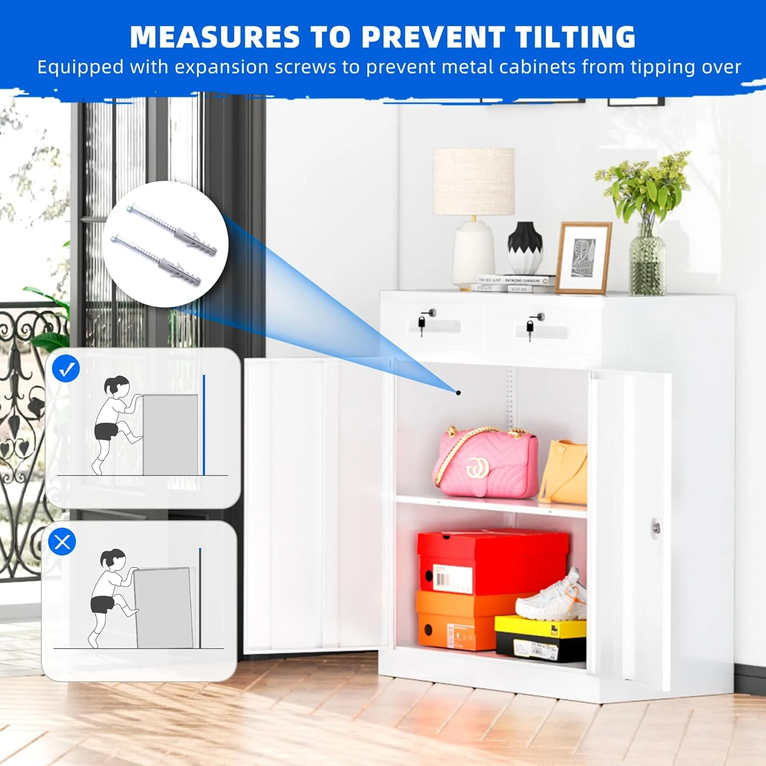 Superday Locking Metal Storage Cabinet with 2 Drawers, Lockable Garage Storage Cabinet with Locking Doors and Adjustable Shelves, Tool Cabinets for Home Office, School, Etc - Image 17