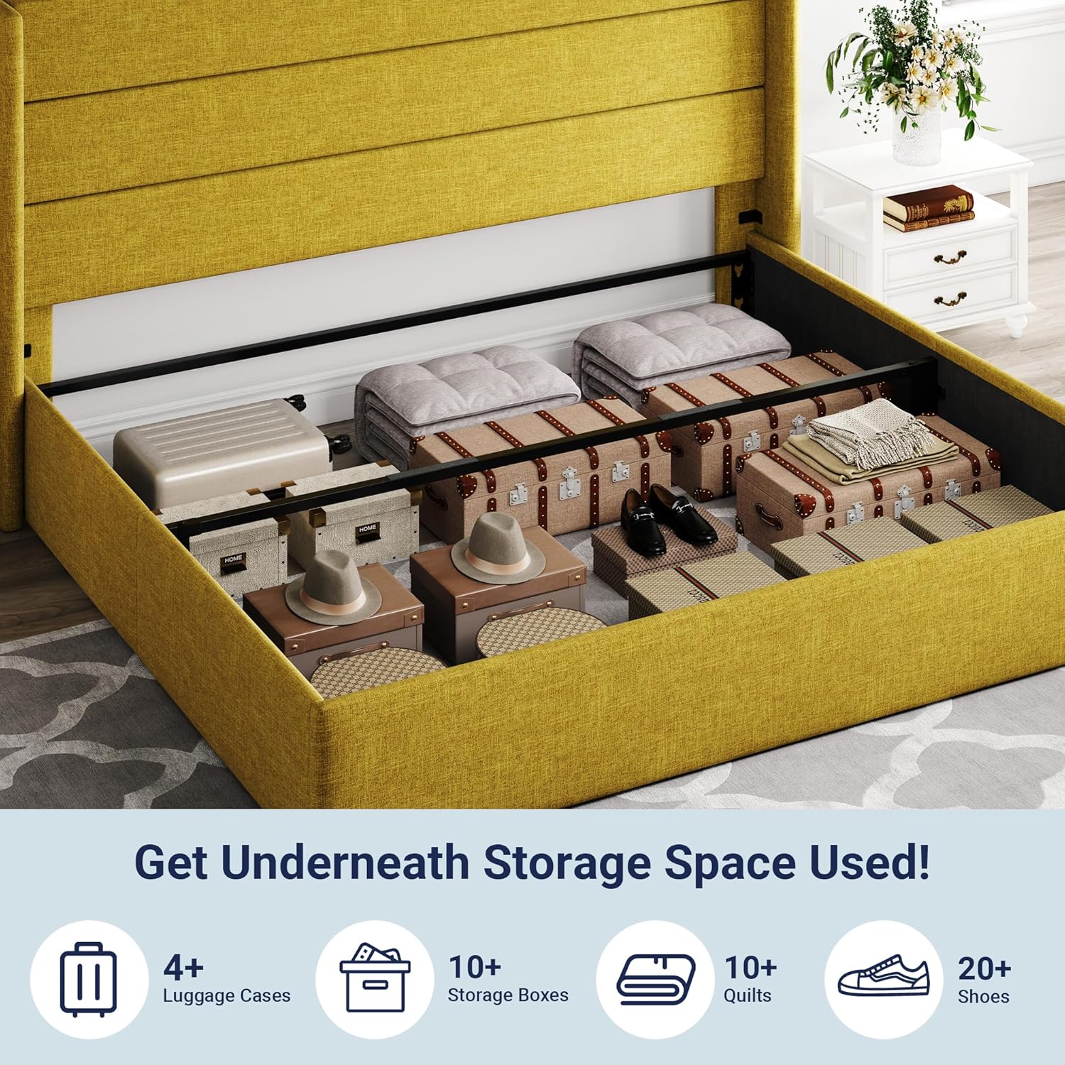 Queen Size Lift Up Storage Bed with Wingback Headboard, Upholstered Platform Bed Frame with Hidden Storage - Image 102
