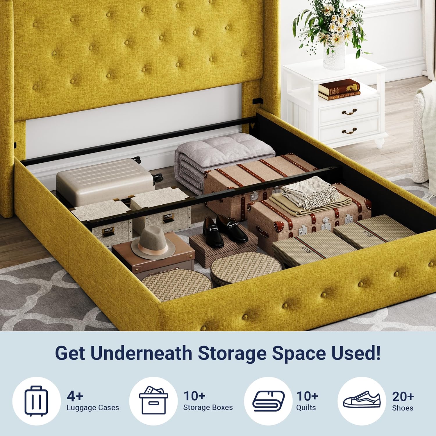 Queen Size Lift Up Storage Bed with Wingback Headboard, Upholstered Platform Bed Frame with Hidden Storage - Image 86