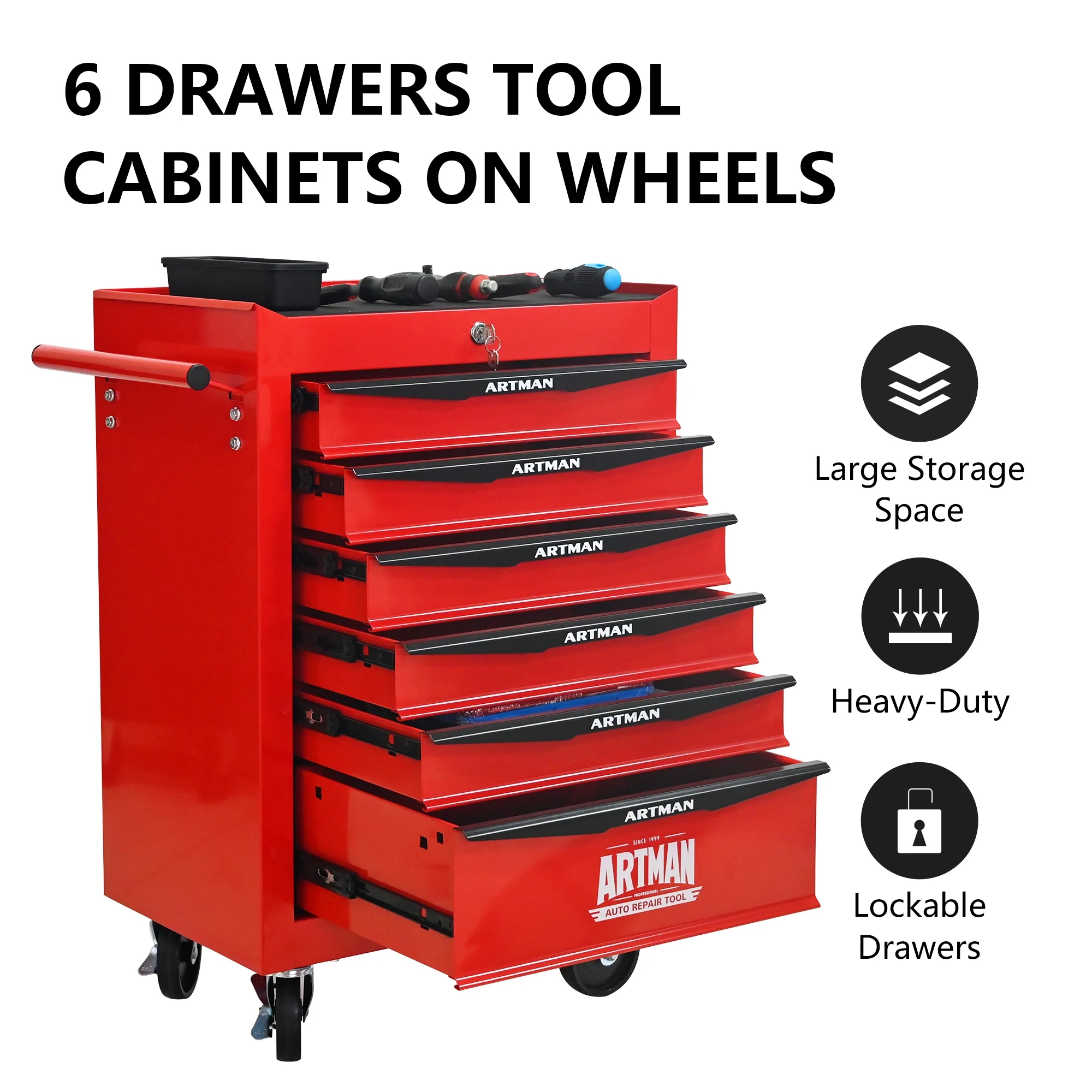 NIGSQJB 30.5"H Rolling Tool Chest Cart with 6 Drawers, 7 Small Tool Boxes Organizers, Lockable Tool Cabinet Storage with Wheels for Garage, Warehouse,Workshop, Repair Shop, DIY, Red - Image 11