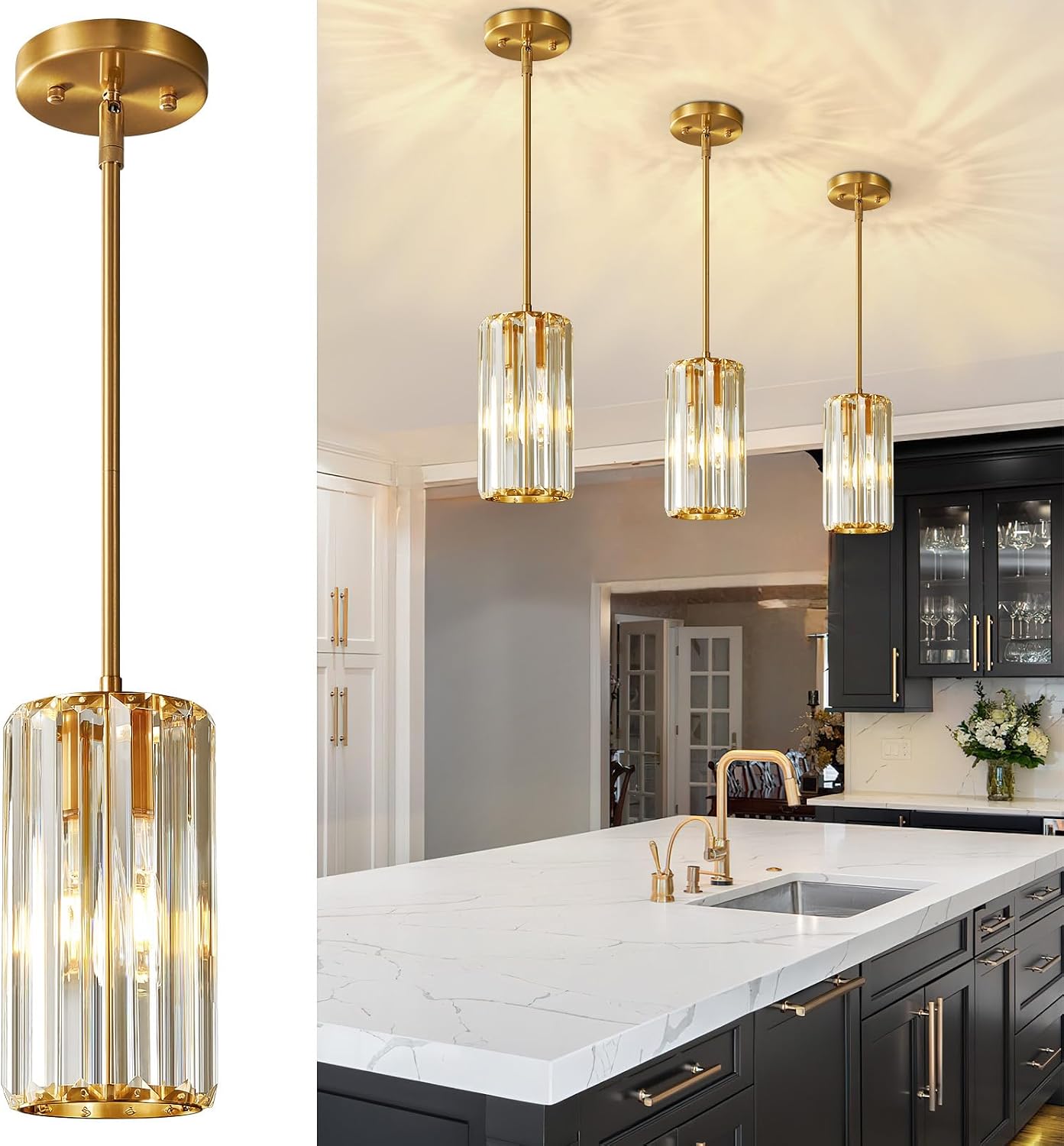 Chrome Pendant Lighting, Modern Pendant Light, Mini Crystal Chandeliers, Adjustable Pendant Light Fixture for Kitchen Island, Dining Room, Corridor & Bedroom (Chrome, 3-Pack) - Image 2