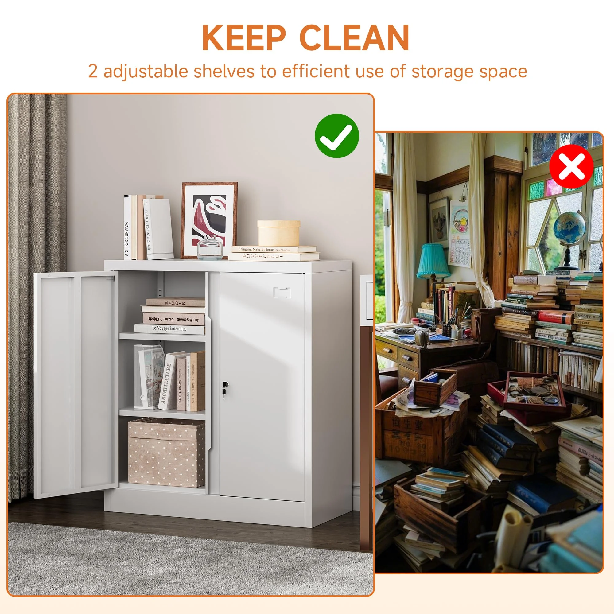 Metal Storage Cabinet, Metal Garage Storage Cabinet with 2 Doors and 2 Adjustable Shelves, Metal Cabinet Great for Garage, Home, Office, Warehouse (White, 36 inch) - Image 2