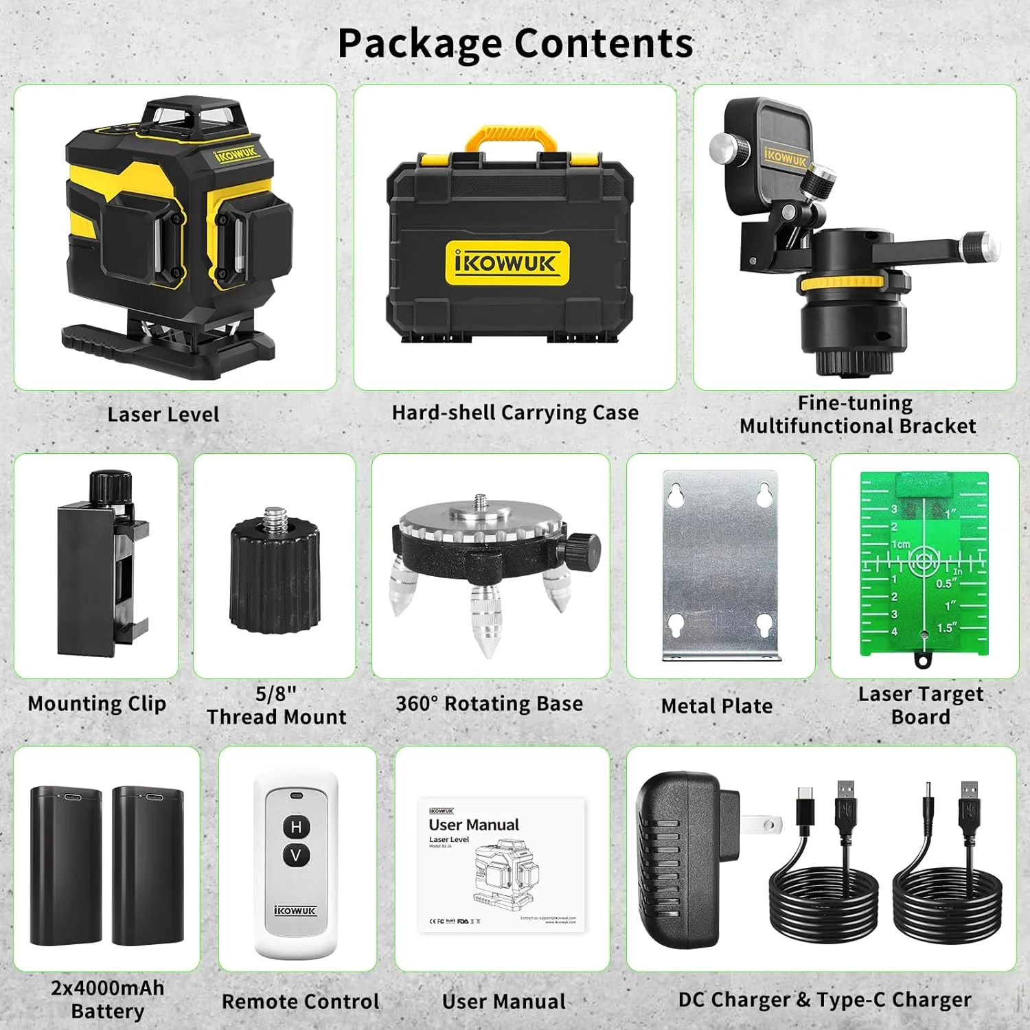 Laser Level, IKOVWUK 3x360- Cross Line Laser for Construction and Picture Hanging, 12 Green Lasers with Self-leveling, 65 ft Vertical & Horizontal Line, Level Tool with 5200 mAh Rechargeable Battery - Image 12