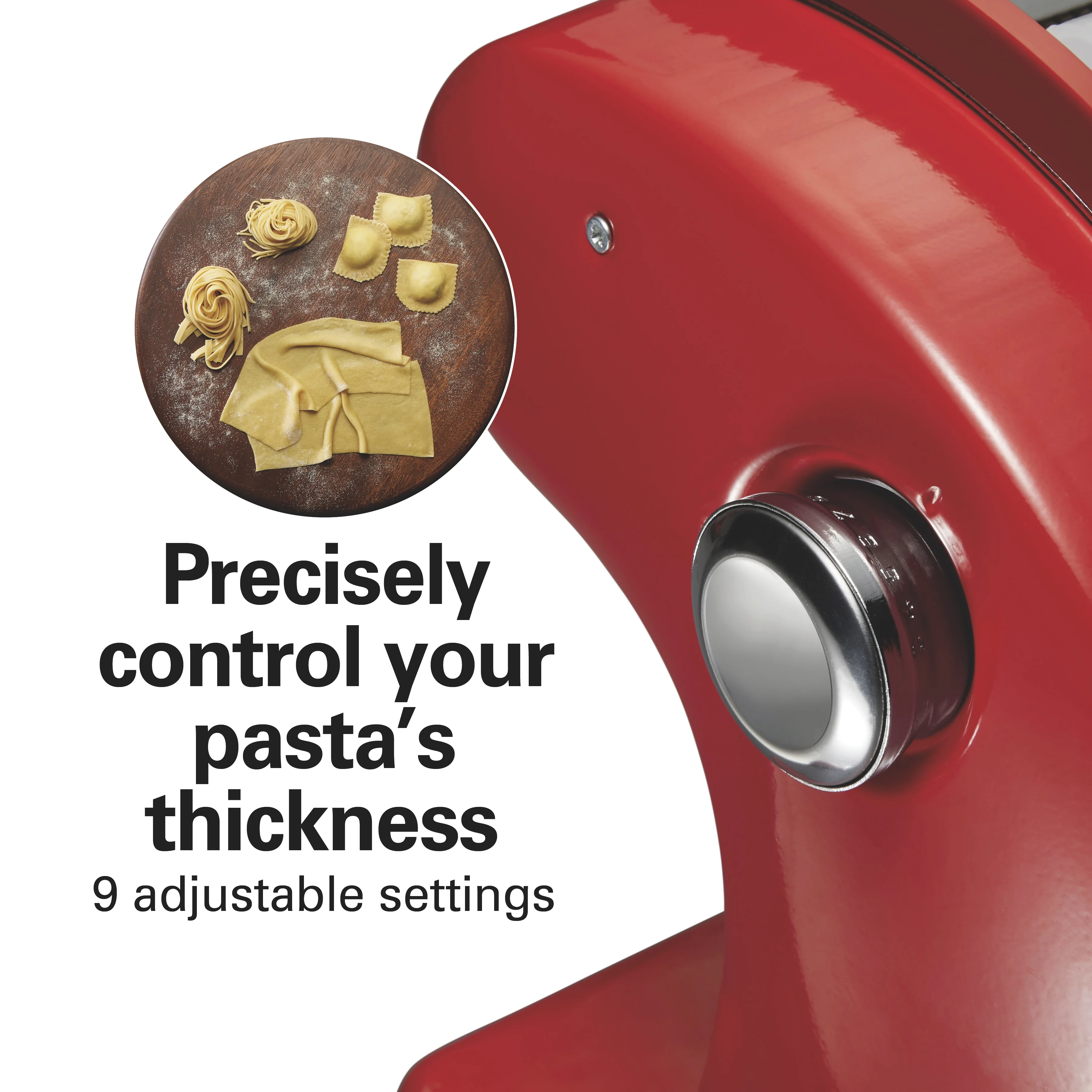 Hamilton Beach Electric Pasta Maker & Noodle Machine with 9 Adjustable Thickness Settings, Includes Spaghetti & Fettucine Cutter, Cutting Wheel, Cleaning Brush, Red - Image 4