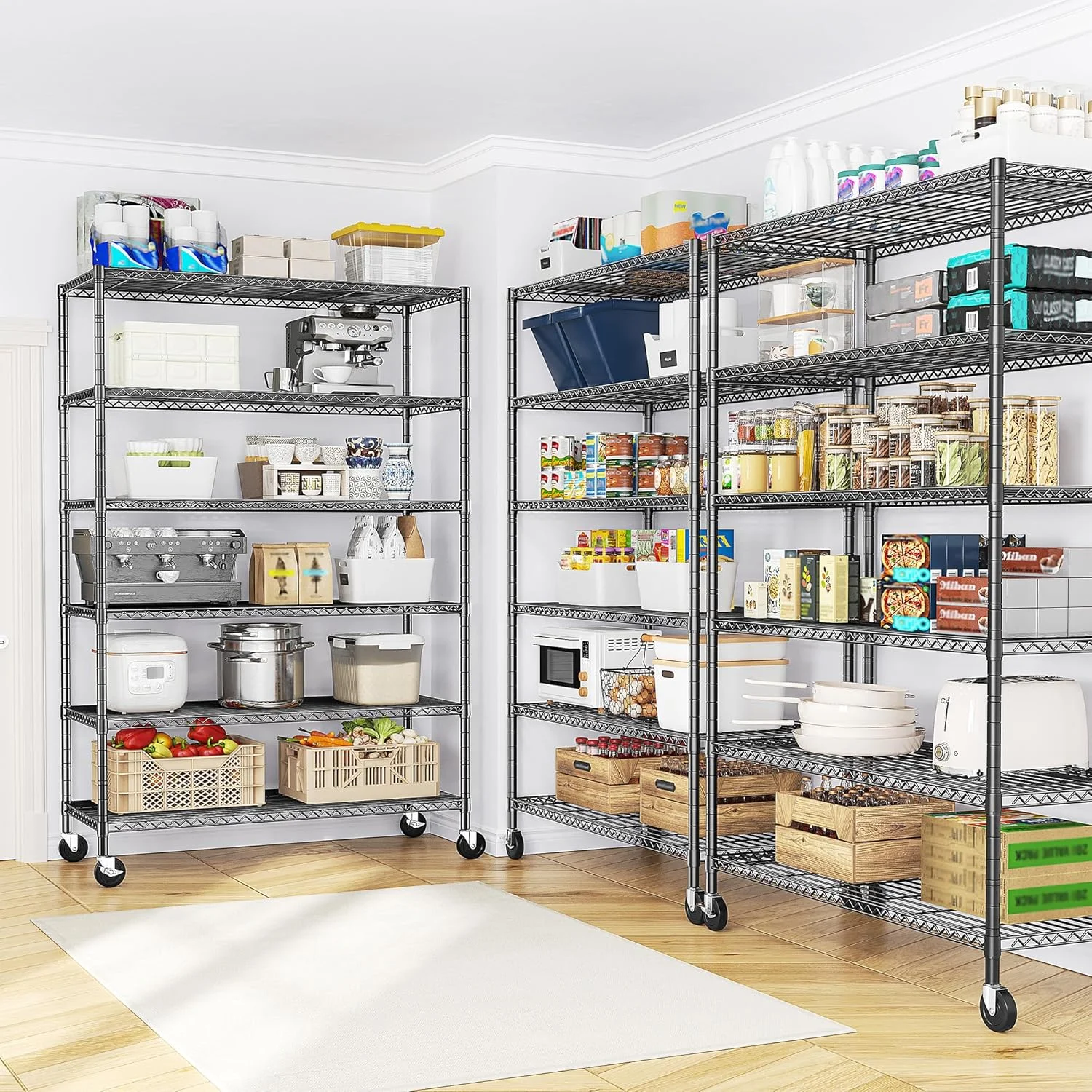 LR8 82" H X45 W X18 D Storage Shelves with Wheels, 6 Tier Wire Shelving Adjustable Metal Shelving Pantry Shelves Capacity 1600LBS for Garage Shelving, Pantry, Kitchen, Closet, Black - Image 4