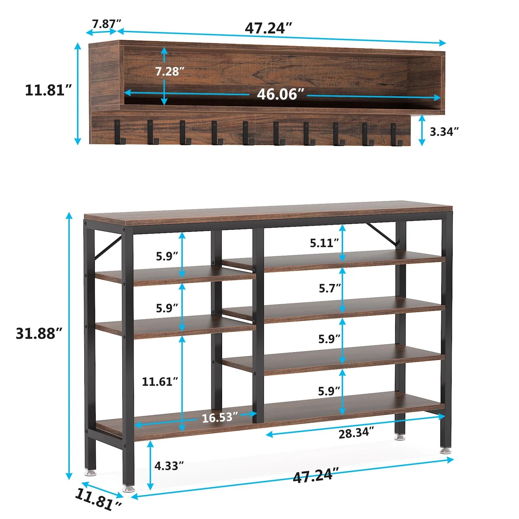 Entryway Coat Rack and Shoe Bench Set, Industrial Hall Tree with Coat and Shoe Storage - Image 35