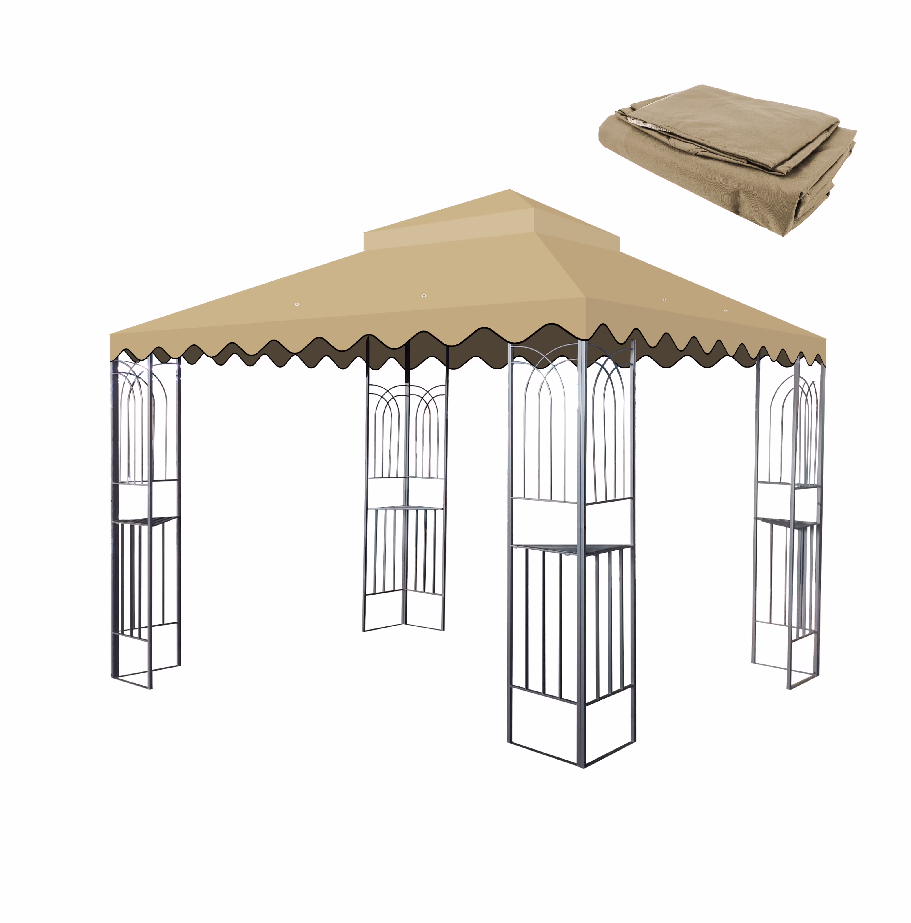 10x10 Ft Outdoor Patio Gazebo Replacement Canopy,Double Tiered Gazebo Tent Roof Top Cover Only wavy border(Frame Not Include)-Tan