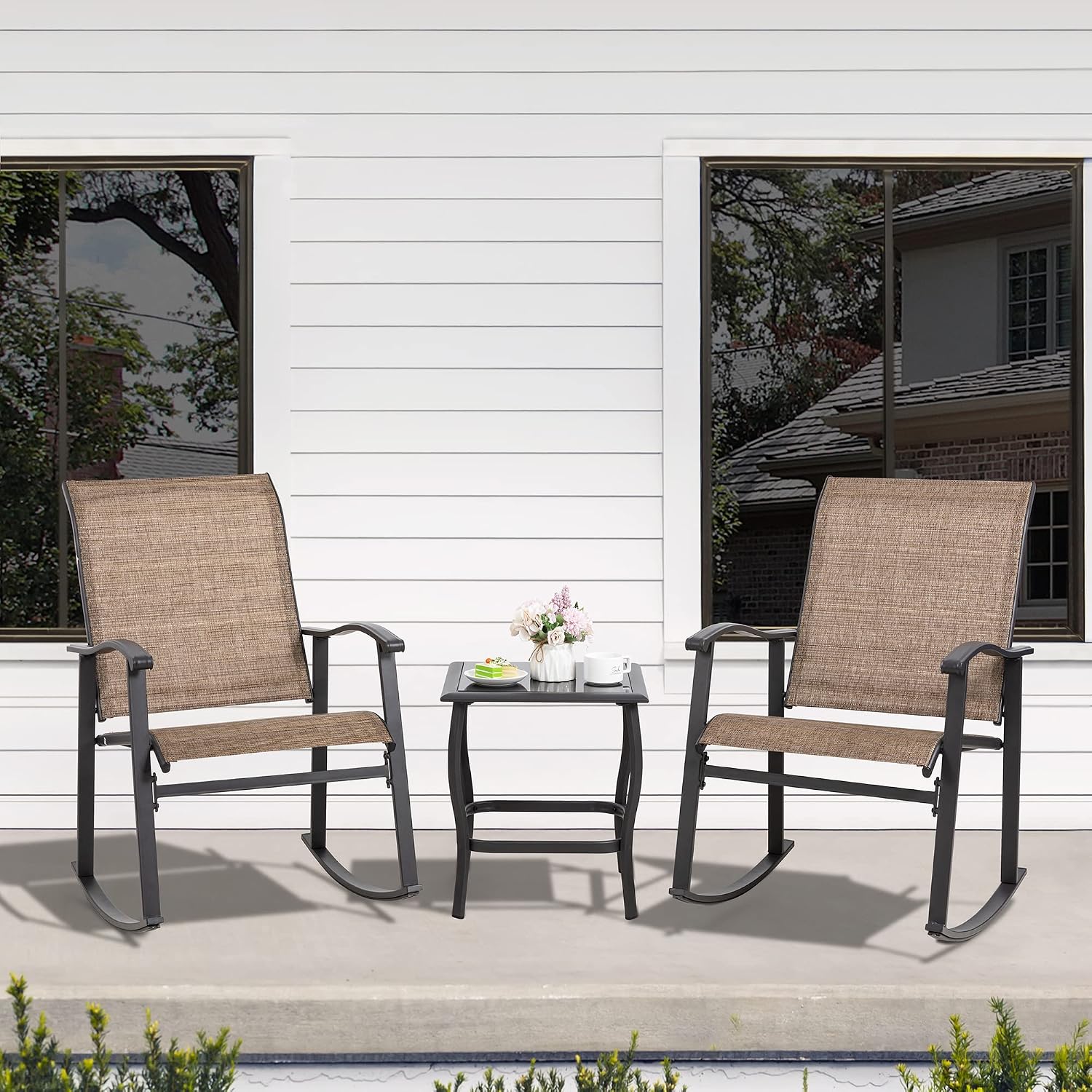3 Piece Rocking Bistro Set, Outdoor Furniture with Rocker Chairs and Glass Coffee Table Set of 3, Balcony, Porch Furniture for Small Space, Blue - Image 3