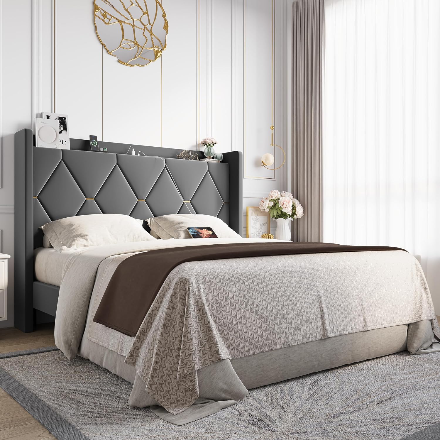 Queen Bed Frame with Storage Headboard & Smart Charging Station - Image 4