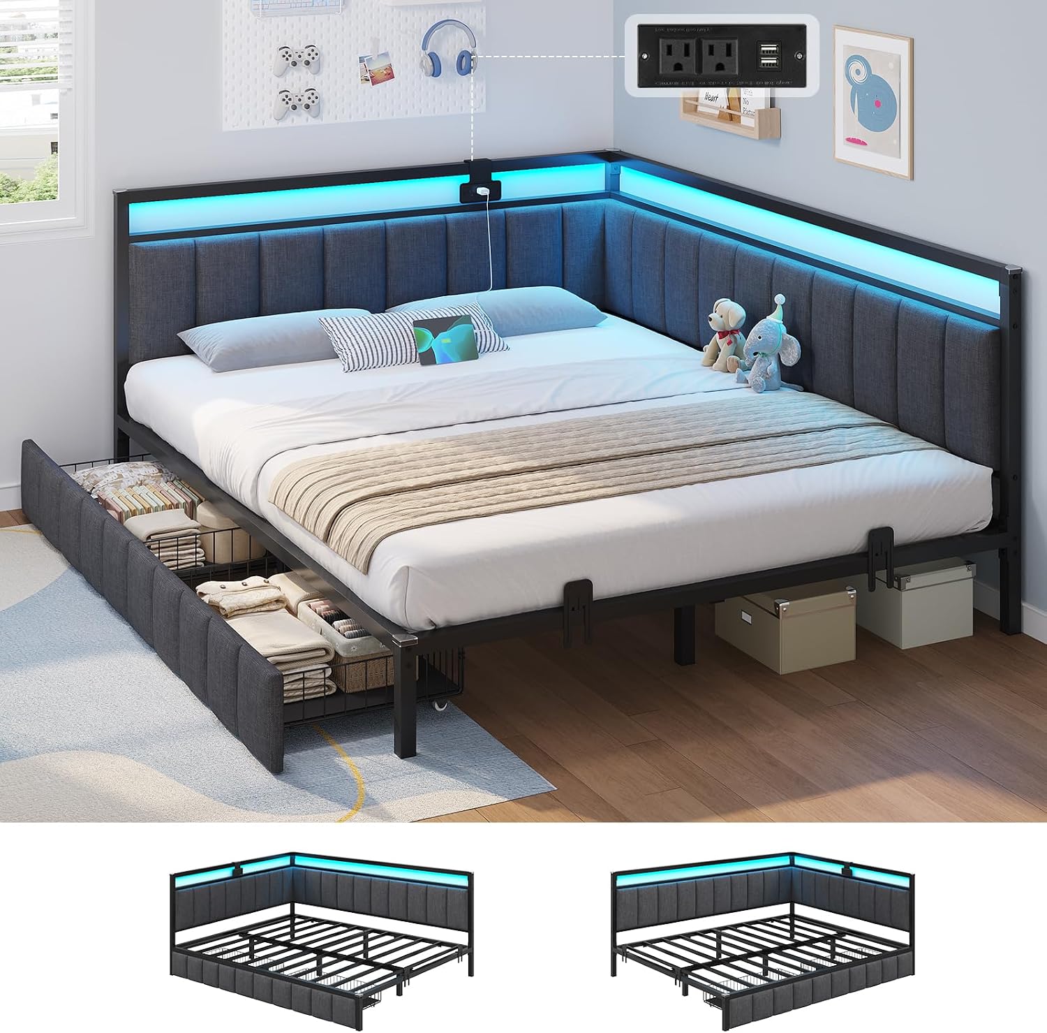 Corner Bed Frame with Storage Drawers, Twin Daybed with Line Fabric Upholstered Fence, Kids Bed Unit with LED Light and Charging Station, Modern Bed Frame Twin Size, Beige - Image 2