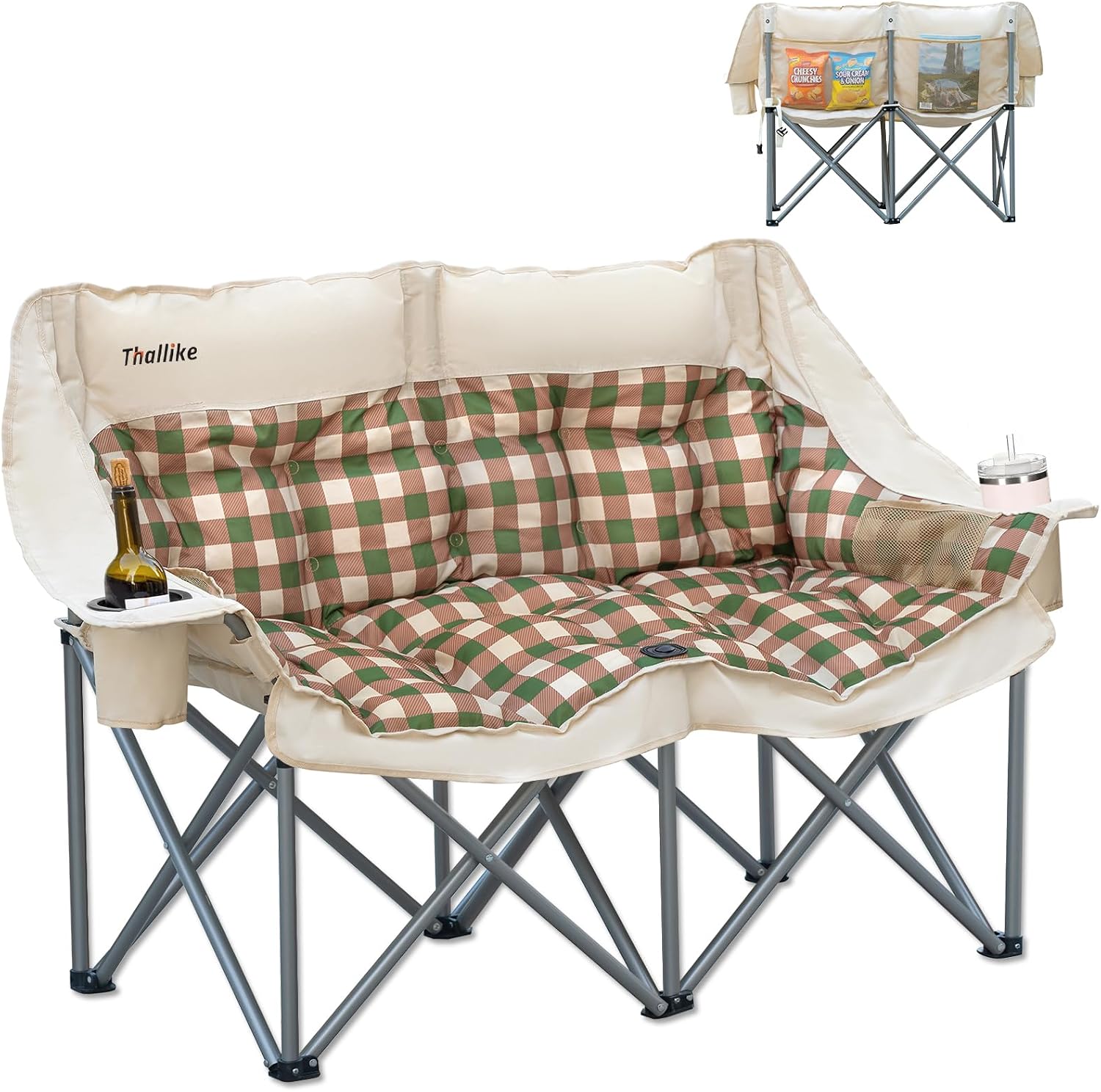 Double Camping Chair, Oversized 2 Person Camp Chairs with Cup Holders Side & Backrest Mesh Pockets Padded Loveseat Camping Chair Foldable for Outdoor Lawn Backyard Beach Support 800LB